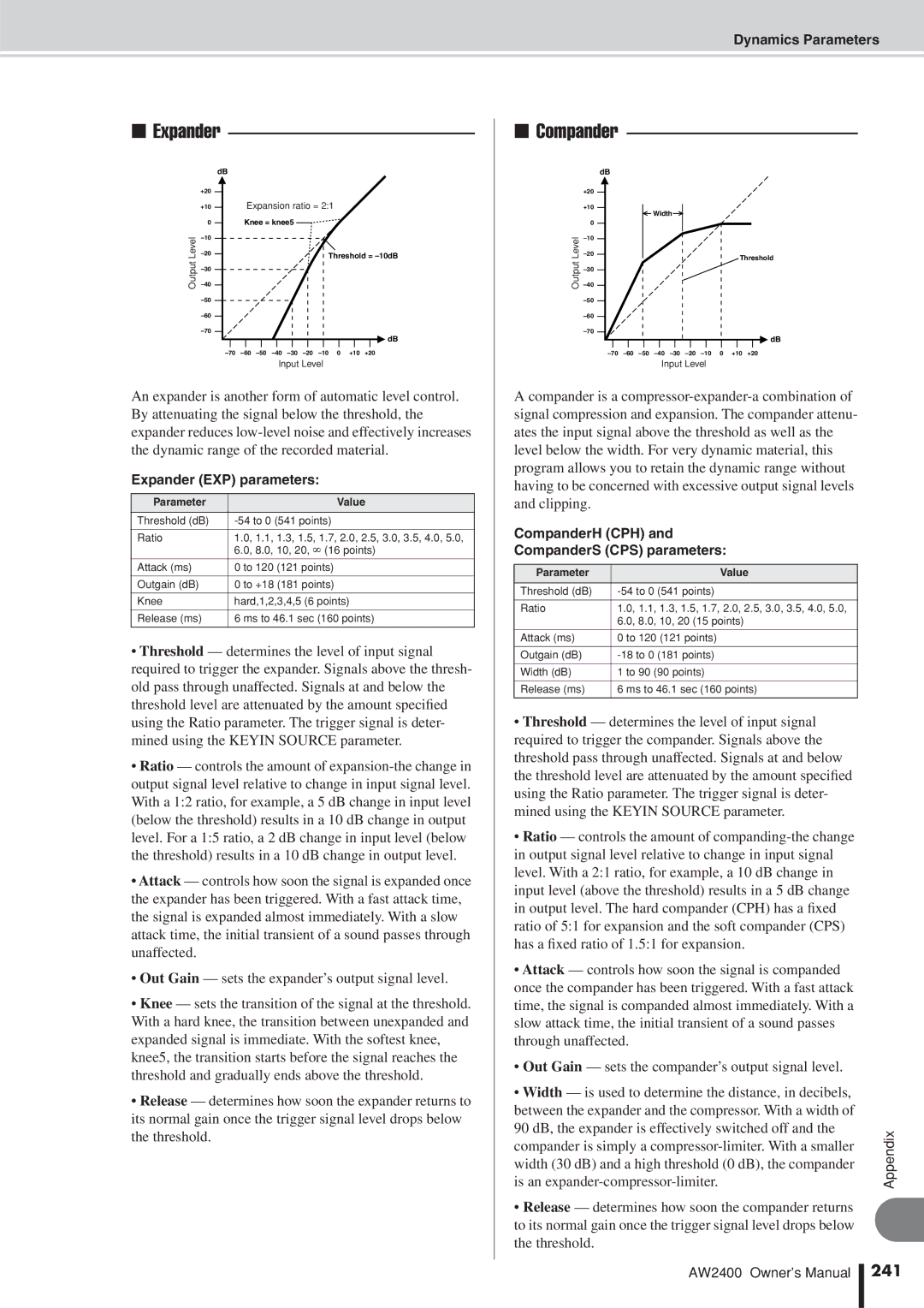 Yamaha AW2400 owner manual 241, Expander EXP parameters, CompanderH CPH CompanderS CPS parameters 