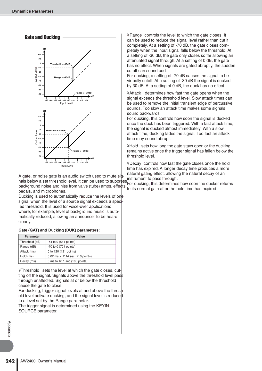 Yamaha AW2400 owner manual 242, Gate GAT and Ducking DUK parameters 