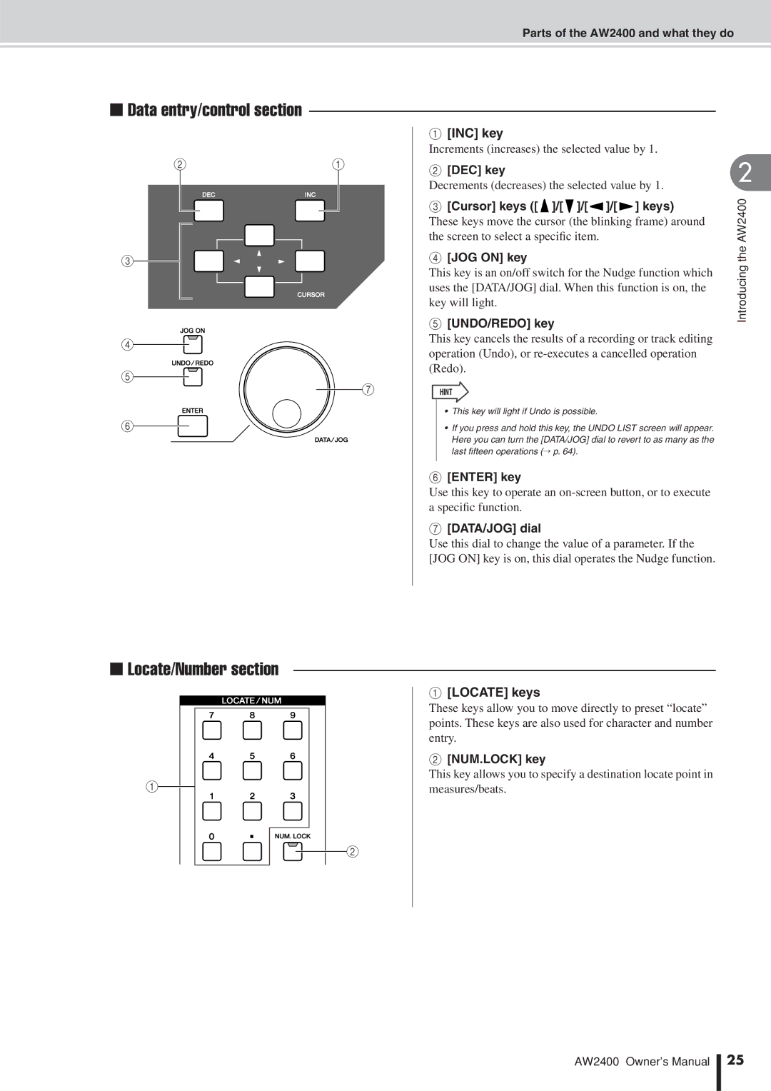 Yamaha AW2400 owner manual Data entry/control section, Locate/Number section 