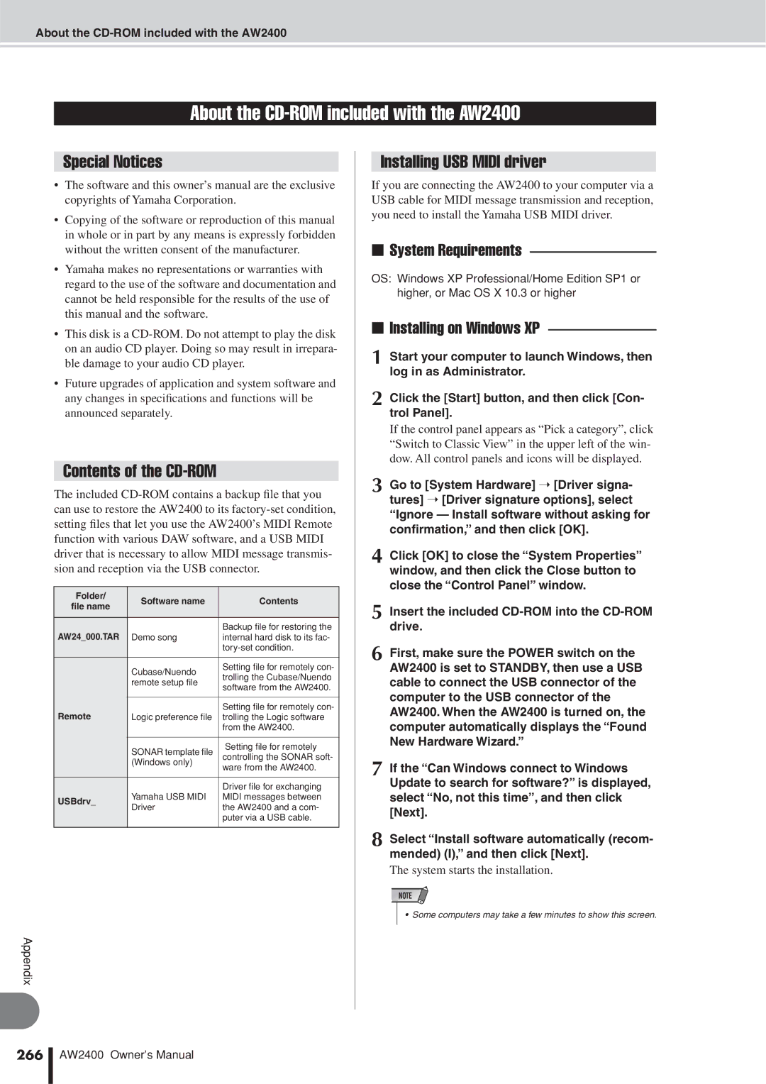 Yamaha AW2400 owner manual Special Notices, Contents of the CD-ROM, Installing USB Midi driver 