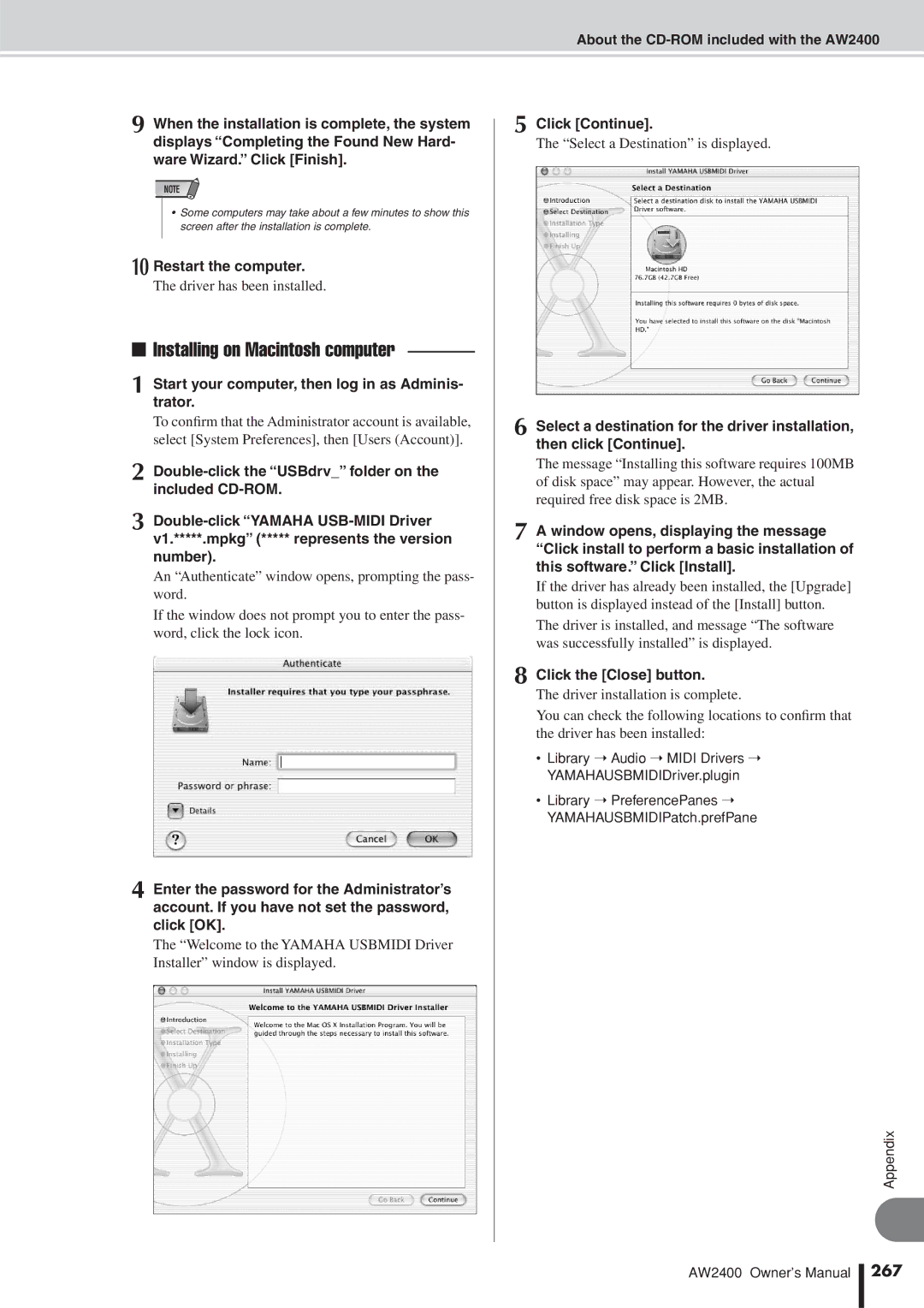 Yamaha AW2400 owner manual Restart the computer, Start your computer, then log in as Adminis- trator, Click Continue, 267 