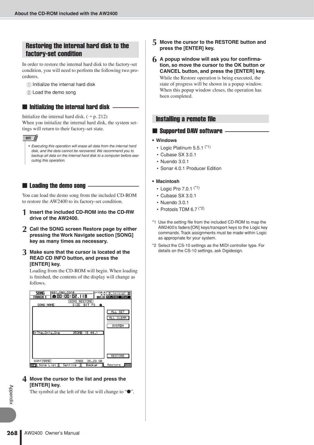 Yamaha AW2400 owner manual Installing a remote ﬁle, Move the cursor to the list and press, 268, Windows, Macintosh 