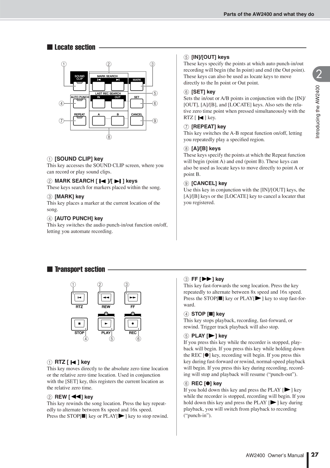 Yamaha AW2400 owner manual Locate section, Transport section 