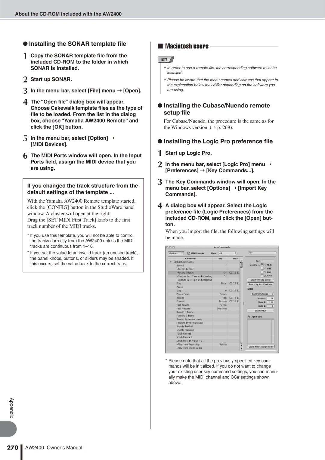 Yamaha AW2400 owner manual Installing the Sonar template ﬁle, 270 