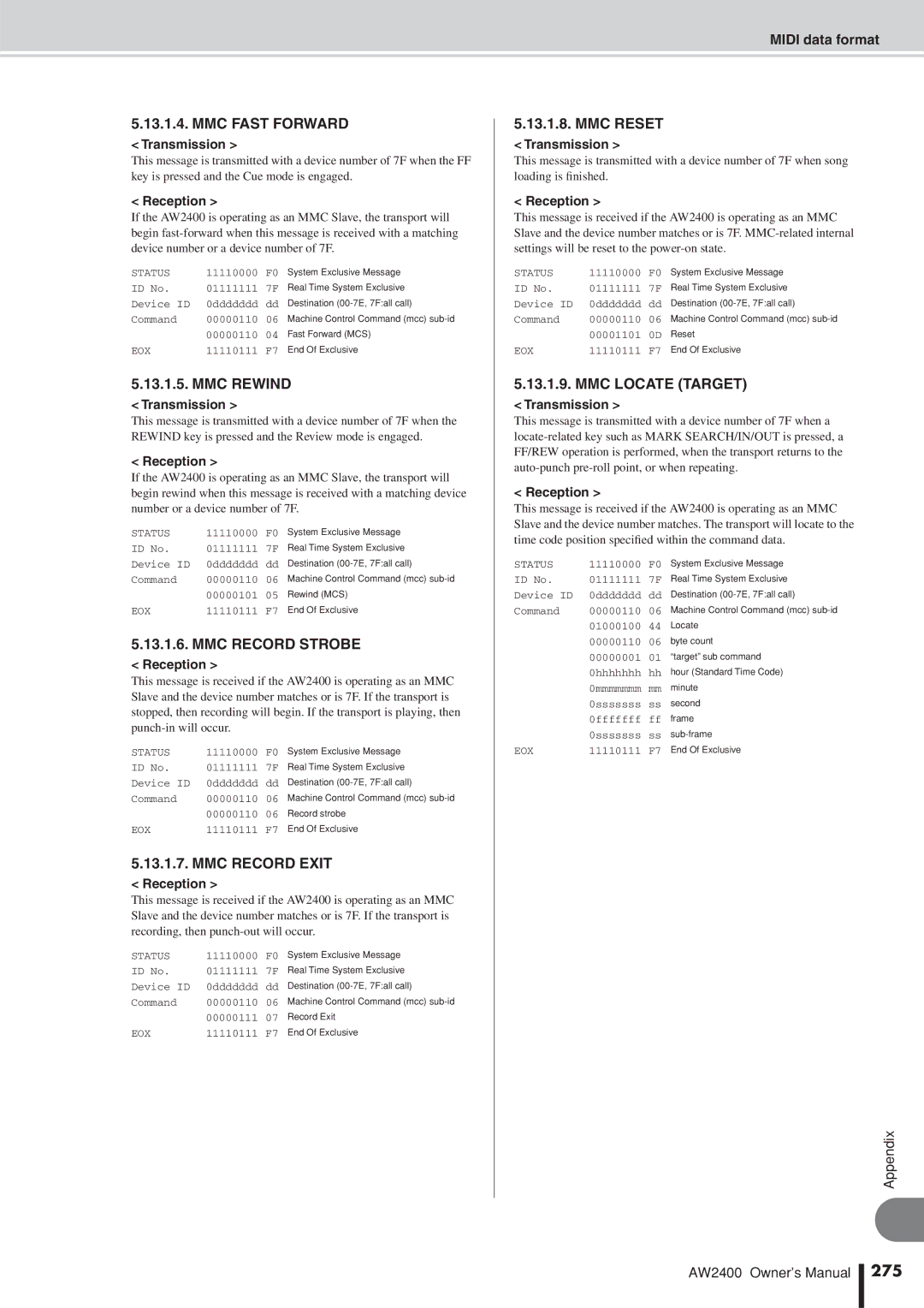 Yamaha AW2400 owner manual MMC Fast Forward, MMC Record Strobe, MMC Record Exit, MMC Locate Target, 275 