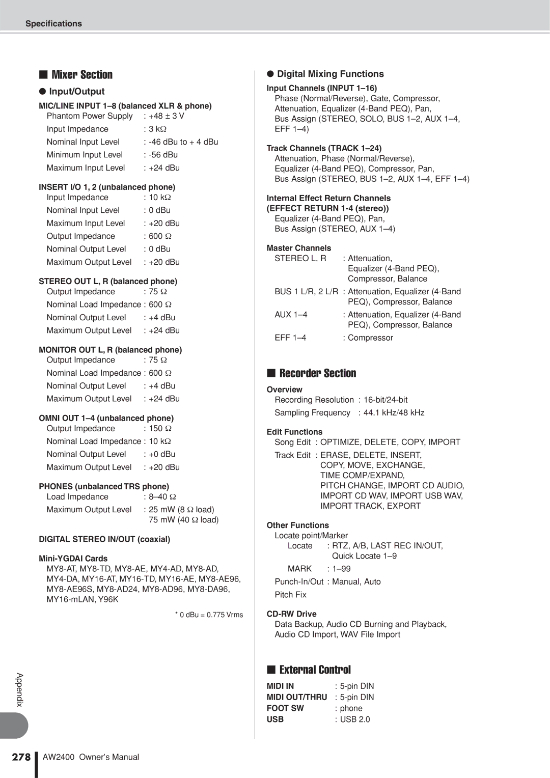 Yamaha AW2400 owner manual Input/Output, Digital Mixing Functions, 278 
