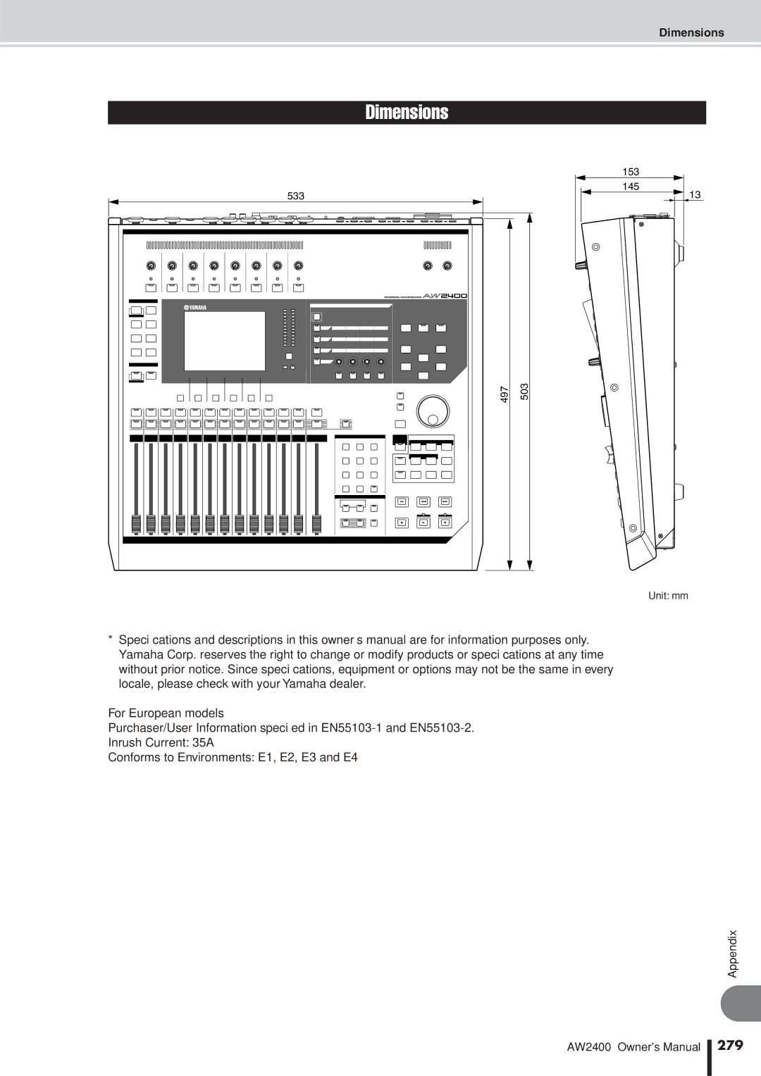 Yamaha AW2400 owner manual 279, Dimensions 