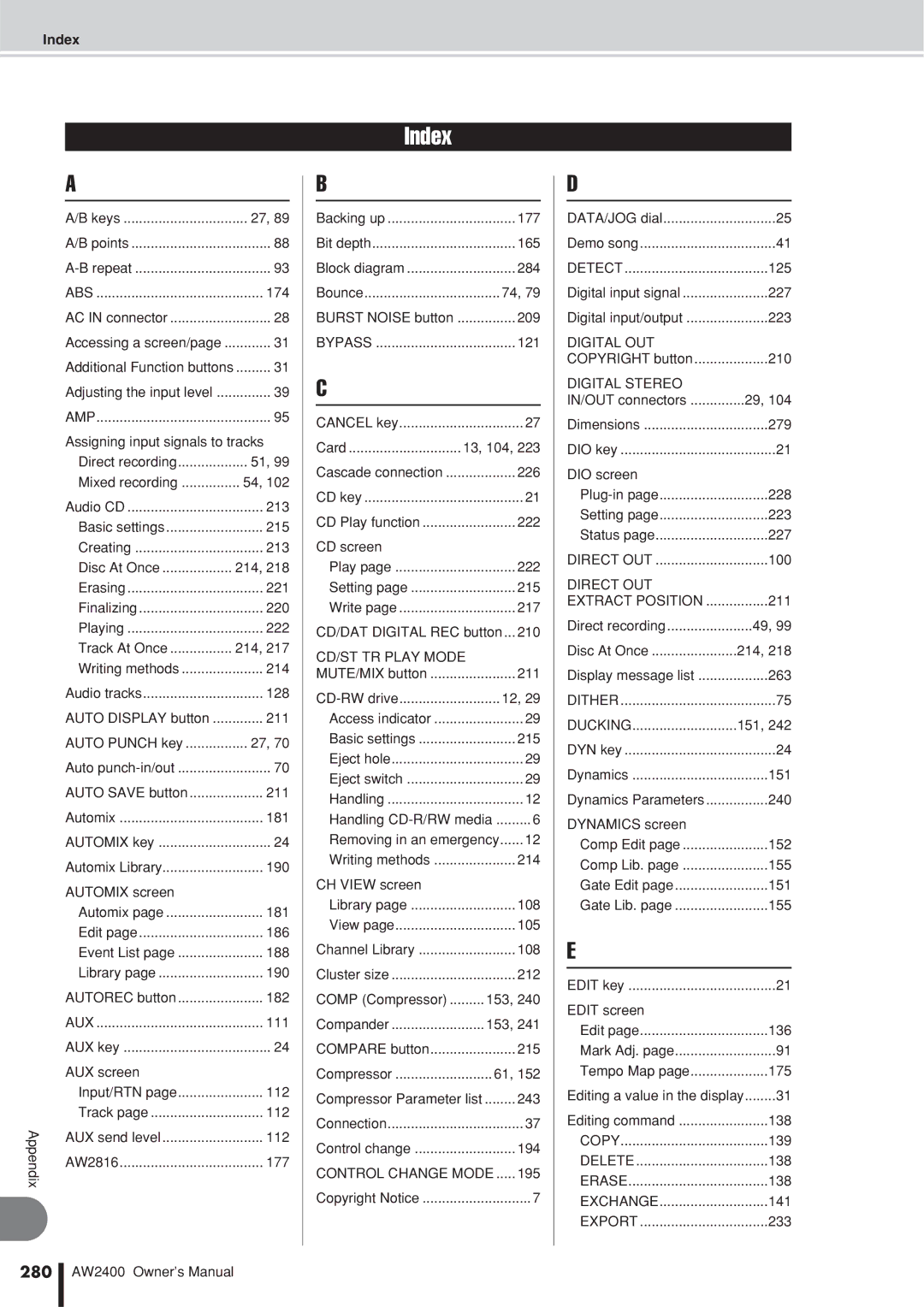 Yamaha AW2400 owner manual 280, Index 