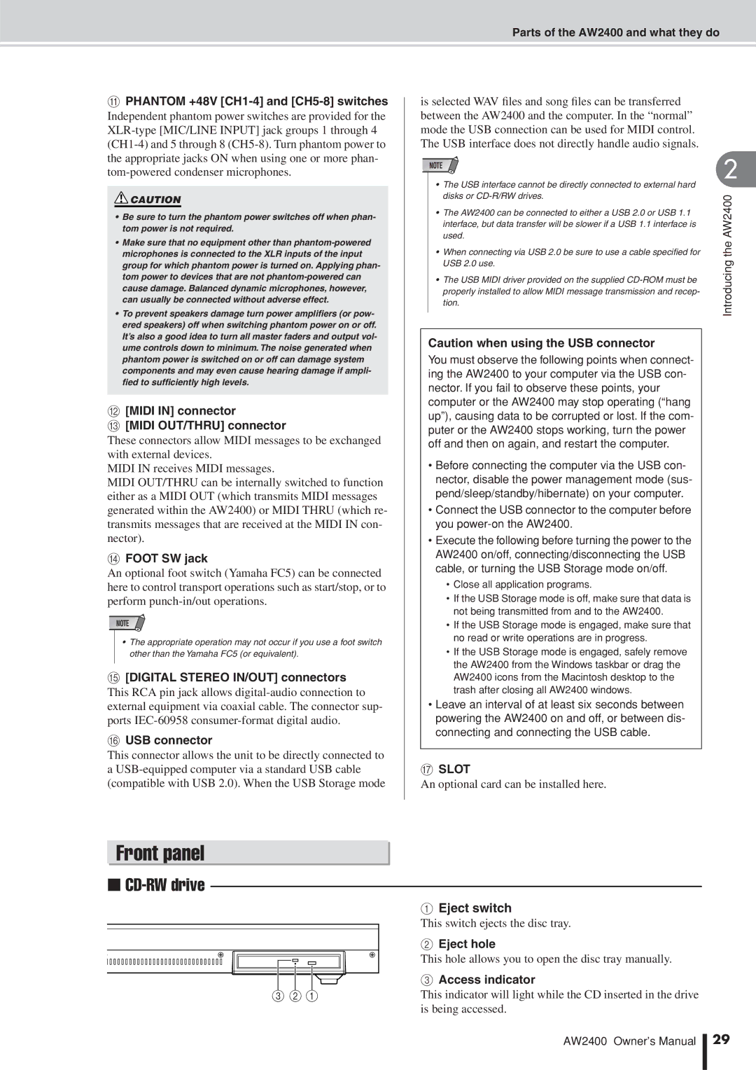 Yamaha AW2400 owner manual Front panel, Slot 