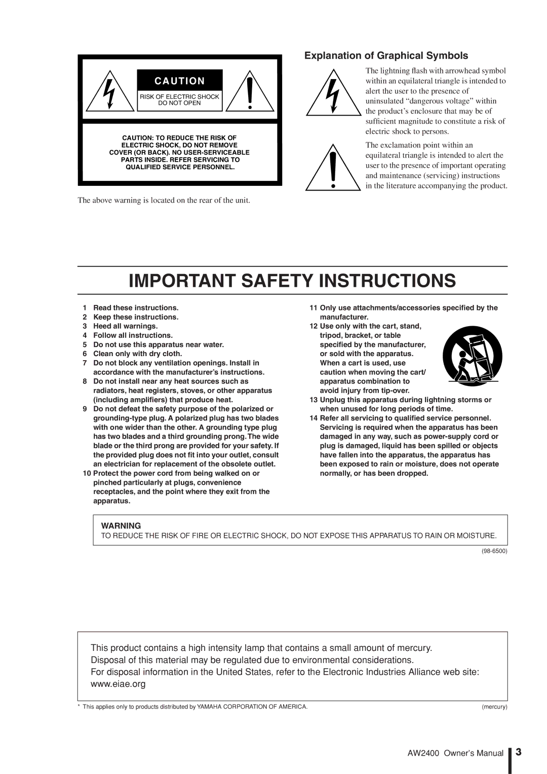 Yamaha AW2400 owner manual Important Safety Instructions 