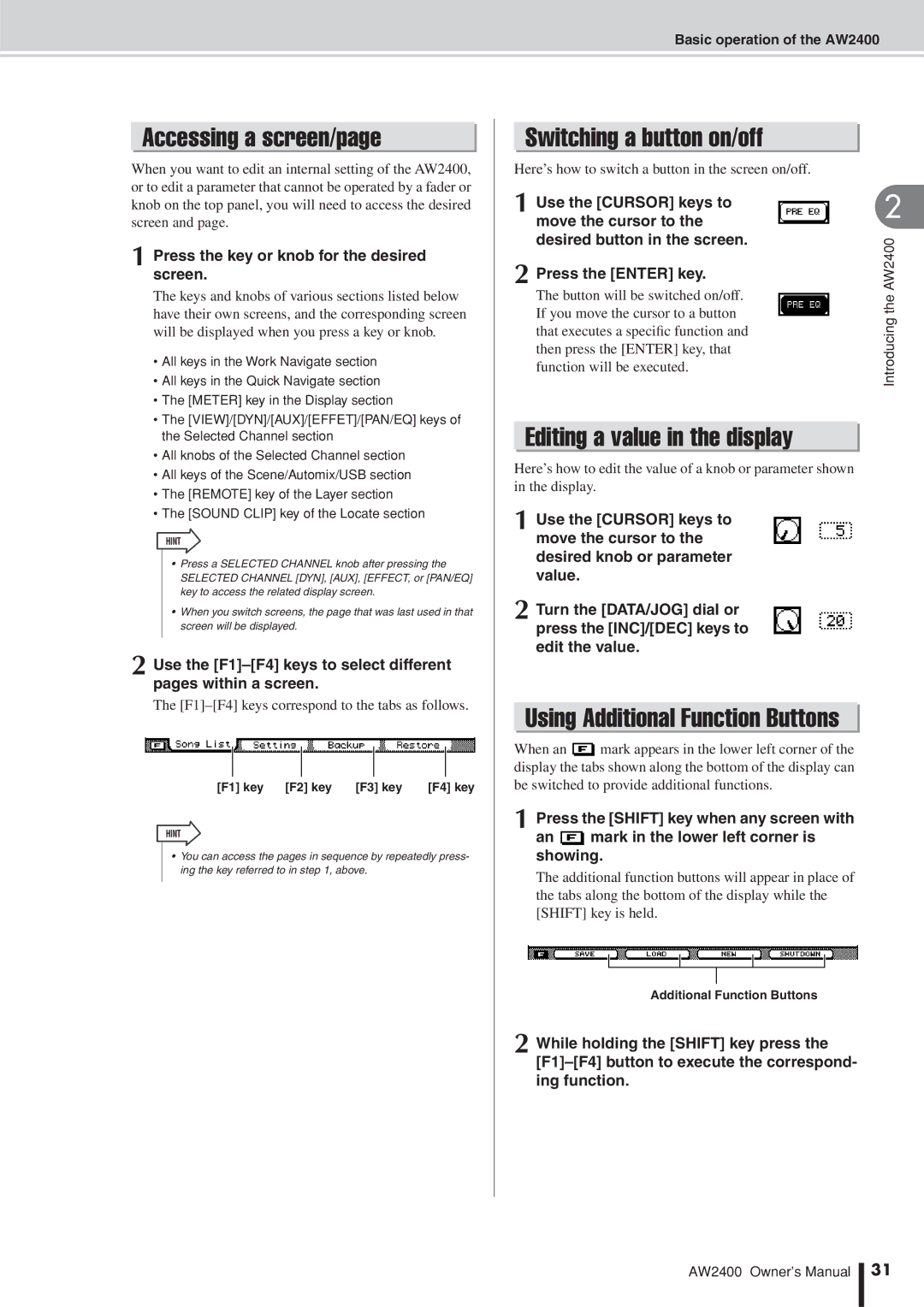 Yamaha AW2400 owner manual Accessing a screen/page, Switching a button on/off, Press the key or knob for the desired screen 