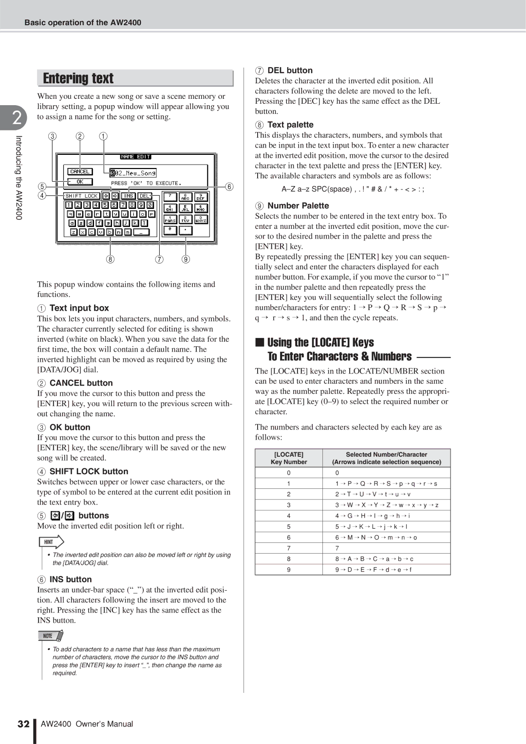 Yamaha AW2400 owner manual Entering text, Using the Locate Keys To Enter Characters & Numbers 