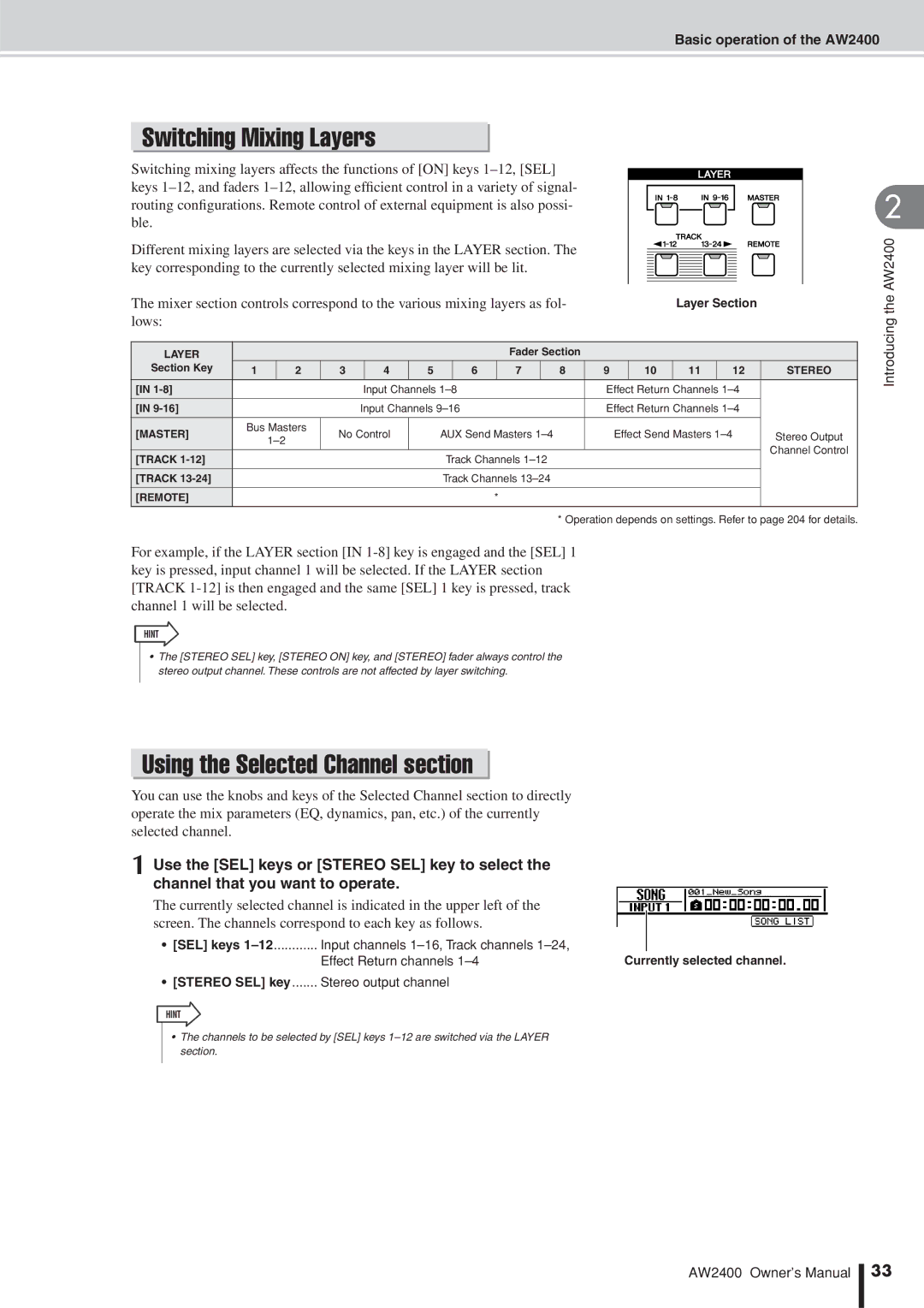 Yamaha AW2400 owner manual Switching Mixing Layers, Using the Selected Channel section 