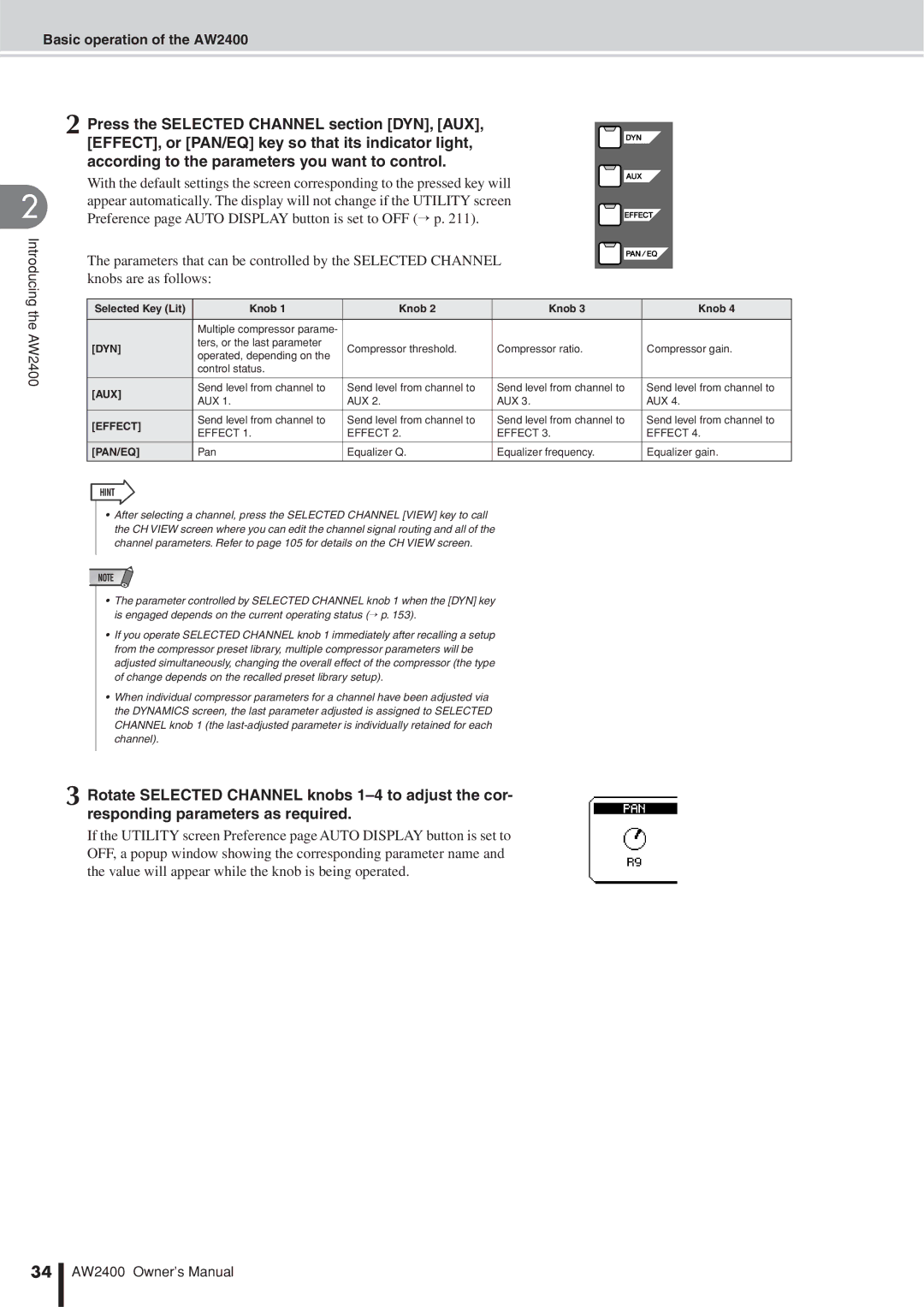 Yamaha AW2400 owner manual Selected Key Lit Knob, Dyn 