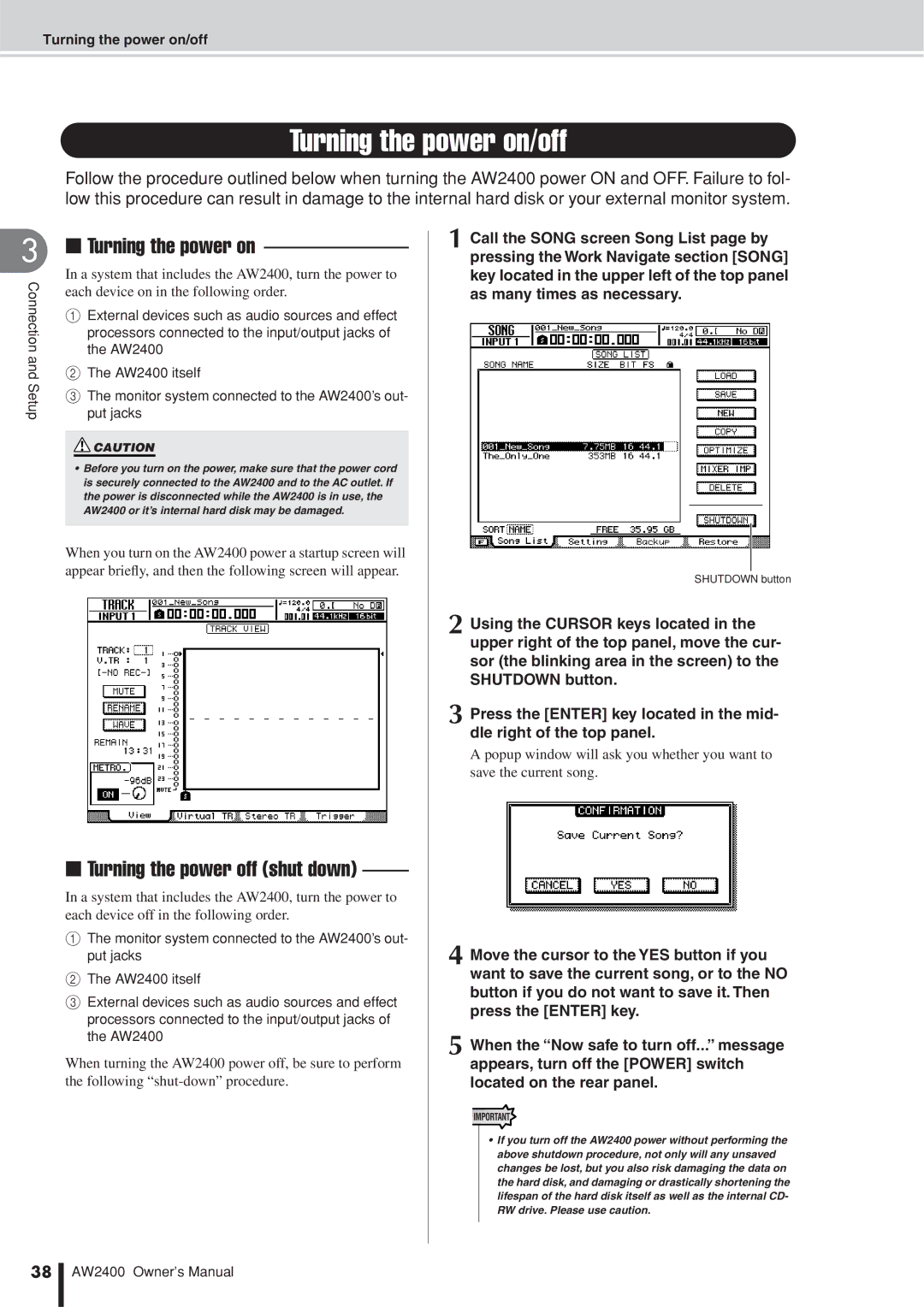 Yamaha AW2400 owner manual Turning the power on/off, Turning the power off shut down 