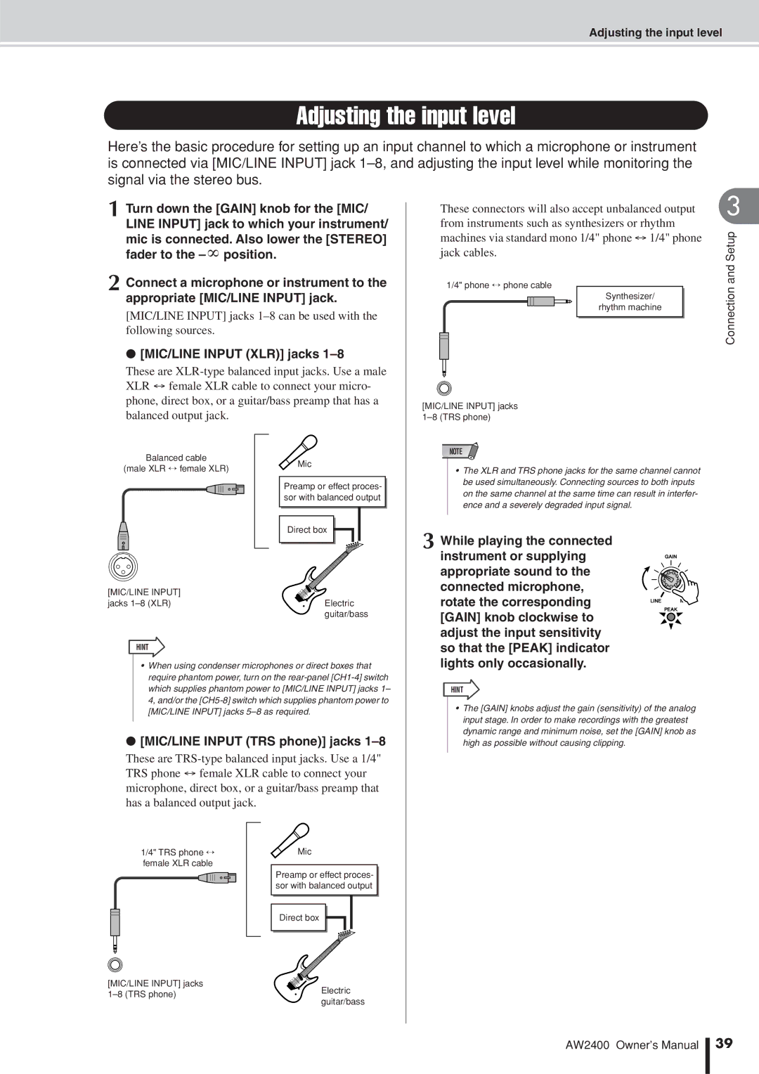 Yamaha AW2400 owner manual Adjusting the input level, MIC/LINE Input XLR jacks, MIC/LINE Input TRS phone jacks 