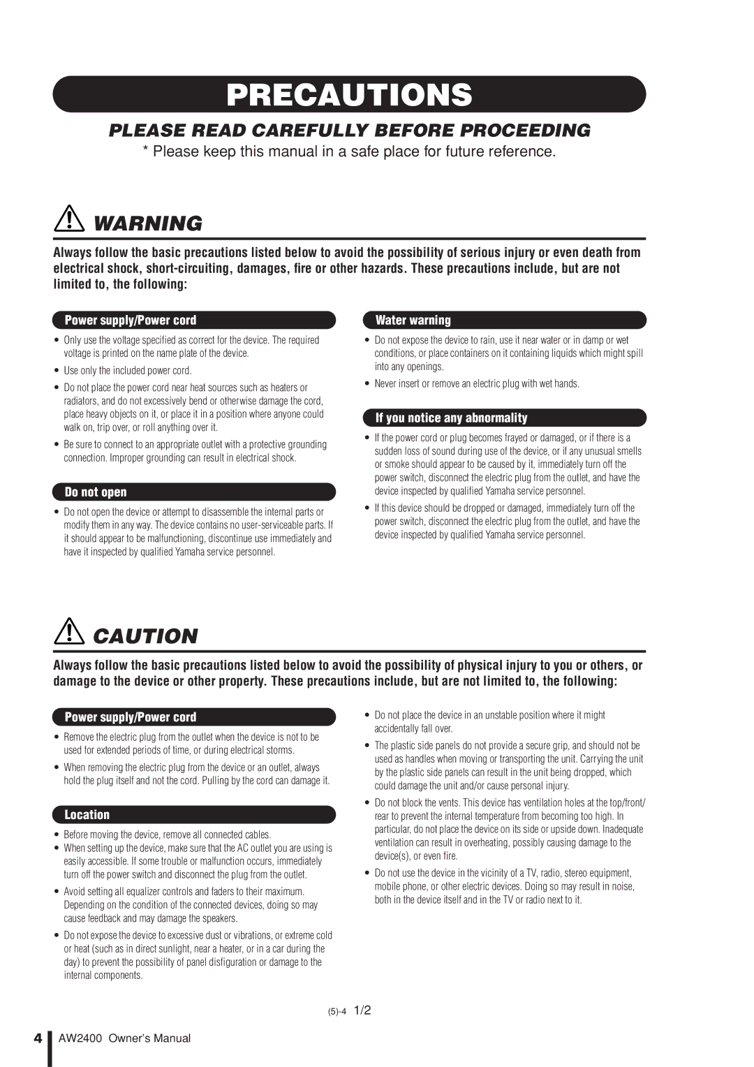 Yamaha AW2400 owner manual Precautions 