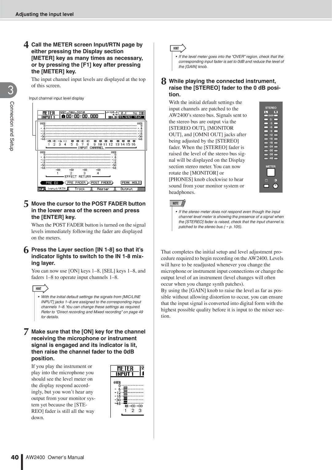 Yamaha AW2400 owner manual Input channel input levels are displayed at the top 