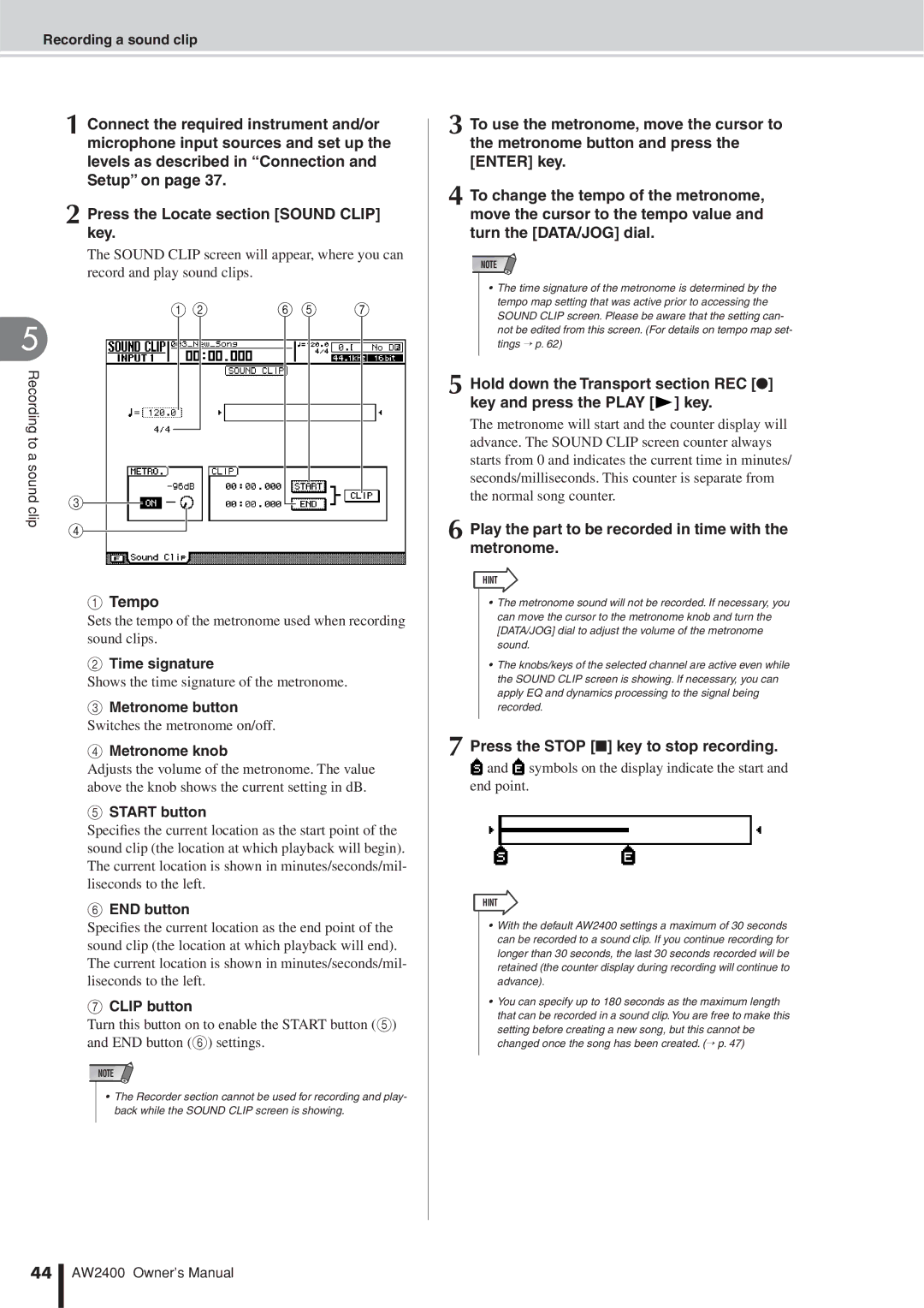 Yamaha AW2400 owner manual Tempo, Time signature, Metronome button, Metronome knob, Start button, END button, Clip button 