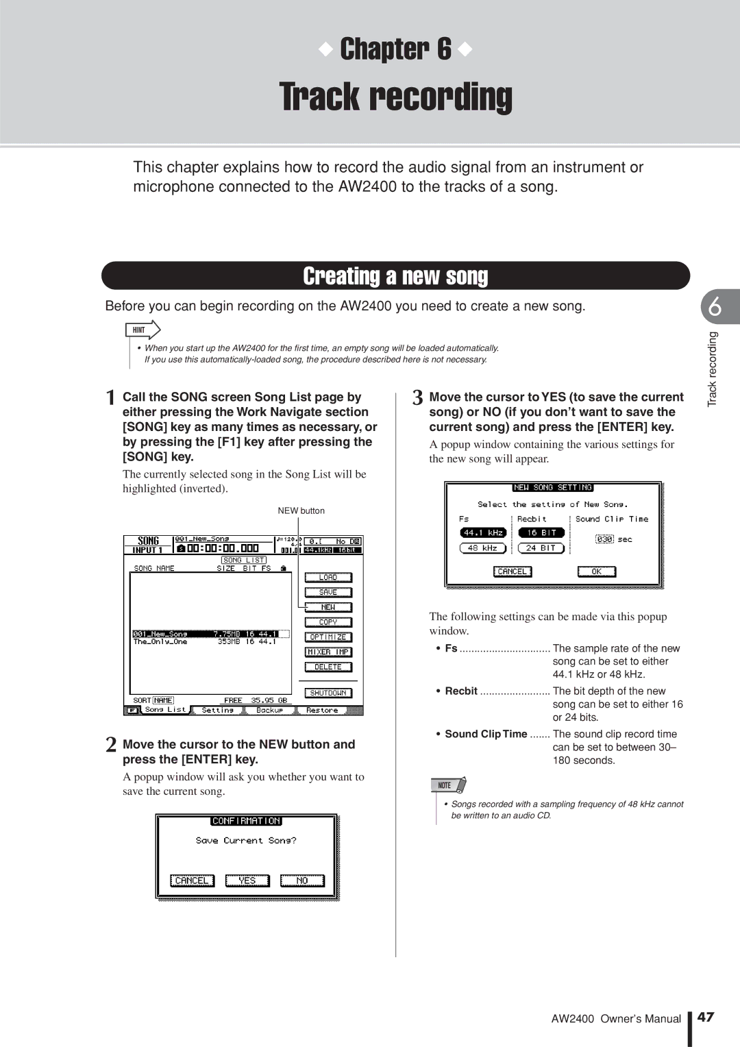 Yamaha AW2400 owner manual Track recording, Creating a new song, Move the cursor to the NEW button and press the Enter key 