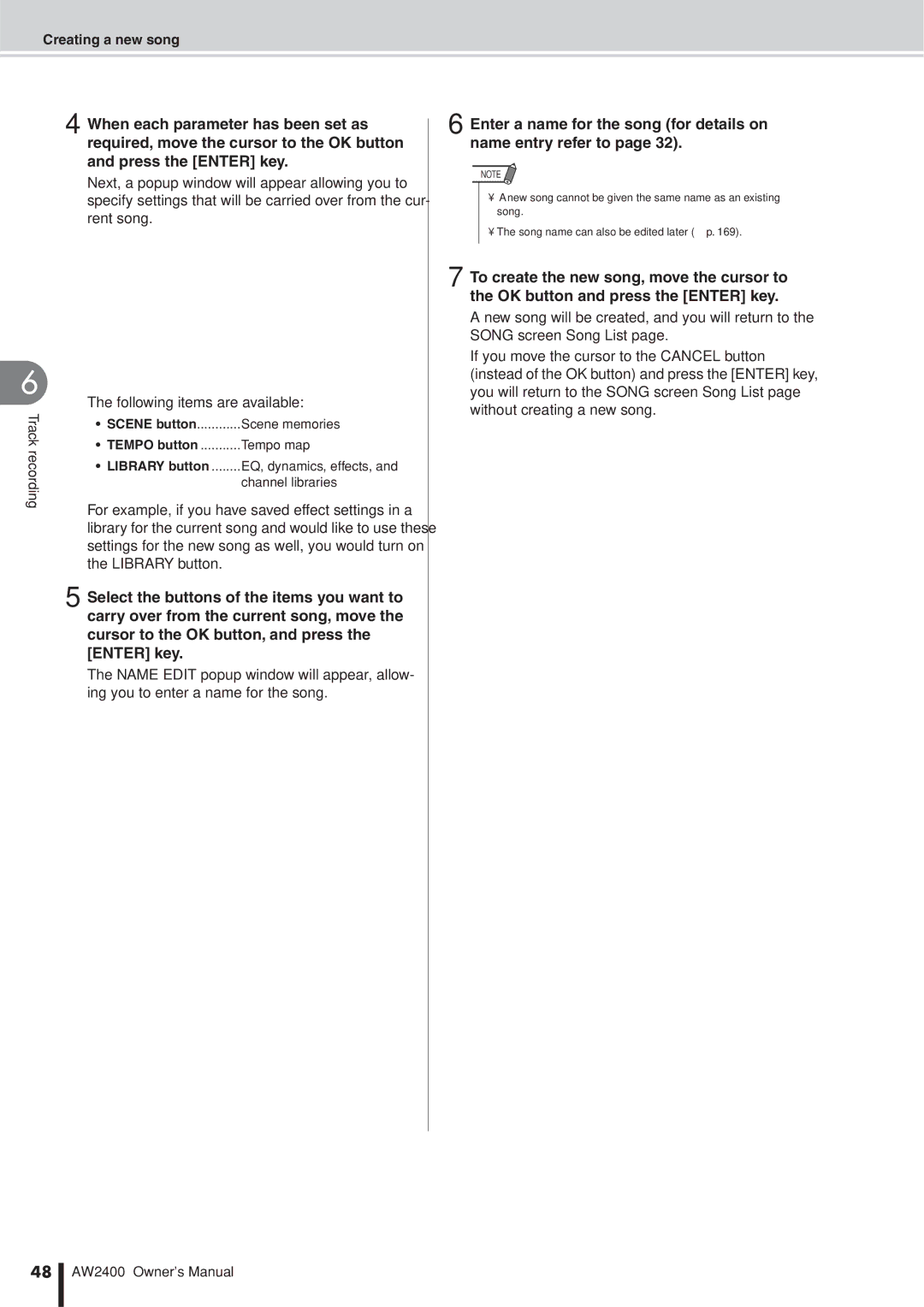 Yamaha AW2400 owner manual Select the buttons of the items you want to, Carry over from the current song, move 