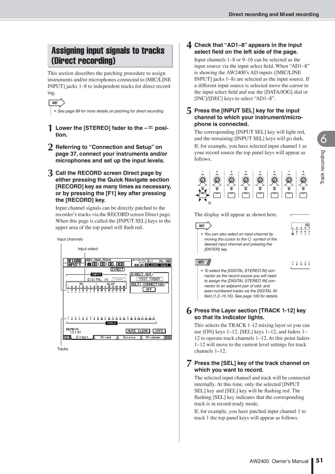 Yamaha AW2400 owner manual Assigning input signals to tracks Direct recording, Display will appear as shown here 