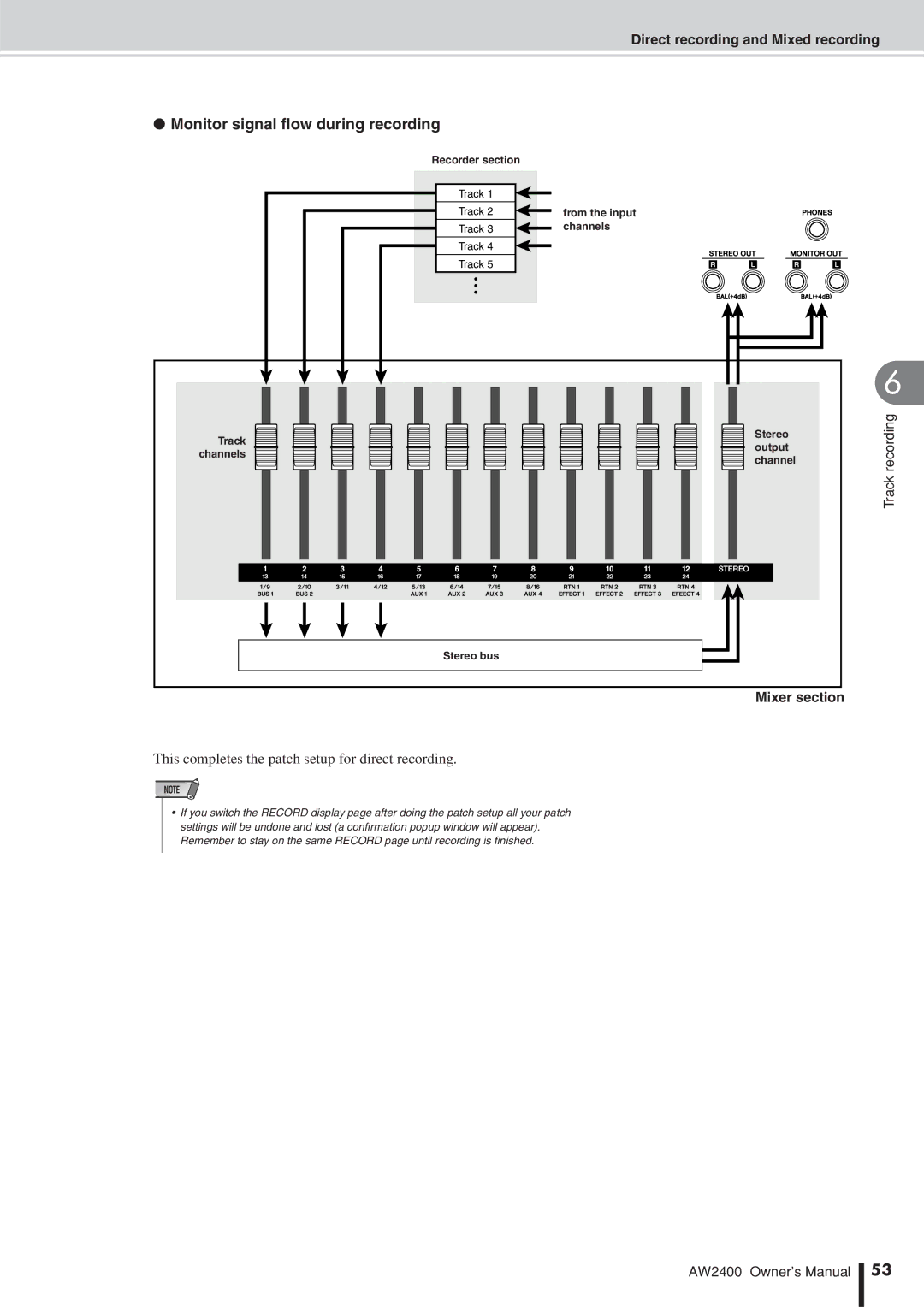 Yamaha AW2400 owner manual Monitor signal ﬂow during recording, This completes the patch setup for direct recording 