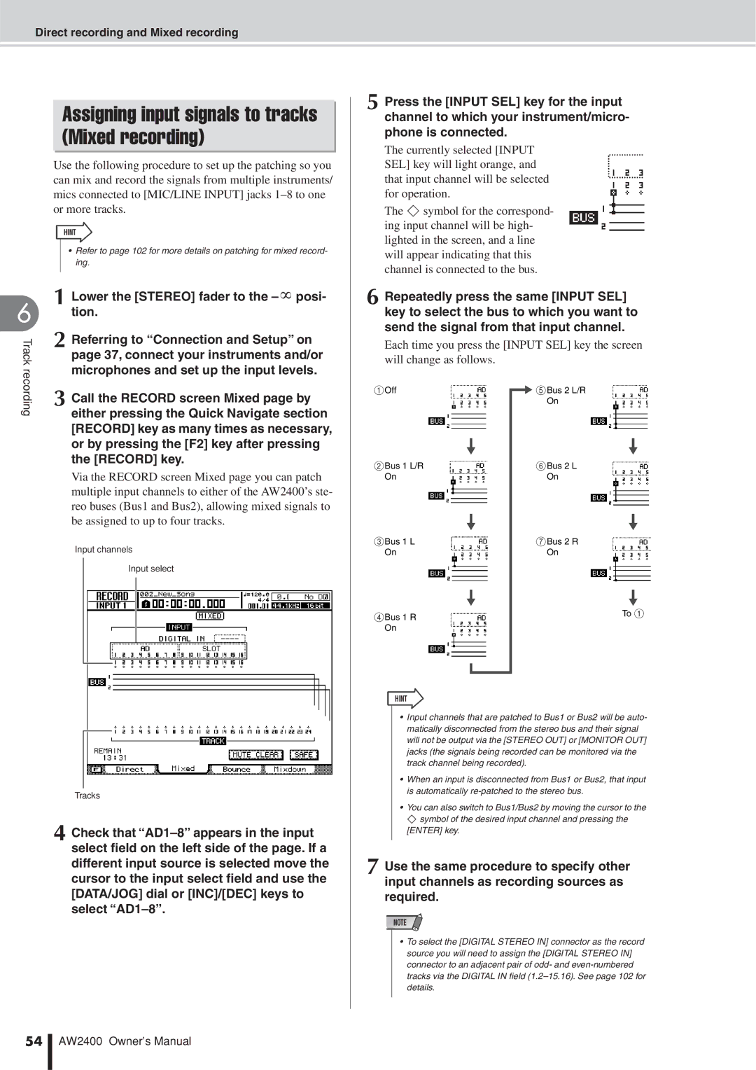 Yamaha AW2400 owner manual Assigning input signals to tracks Mixed recording 