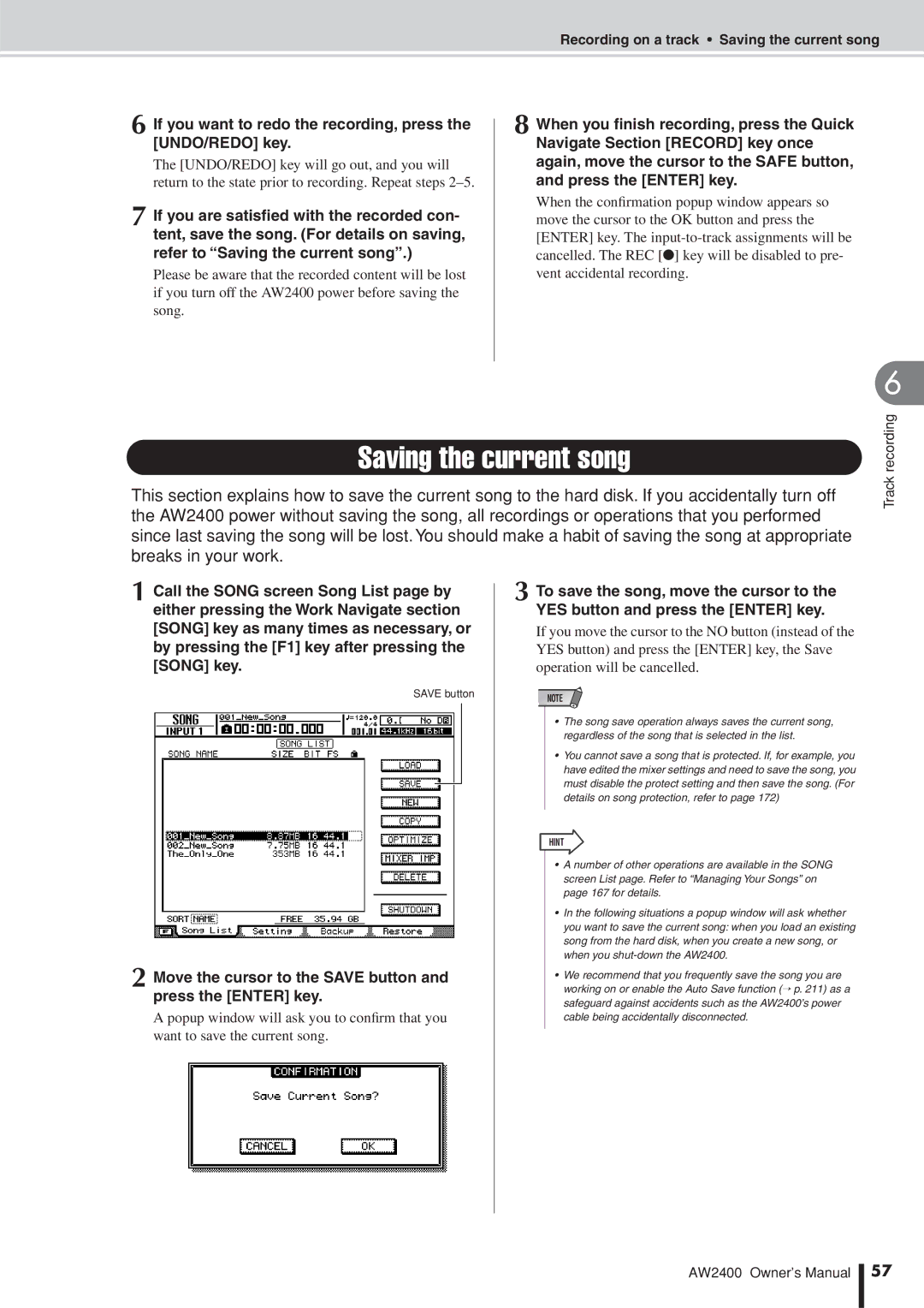 Yamaha AW2400 owner manual Saving the current song, If you want to redo the recording, press the UNDO/REDO key 