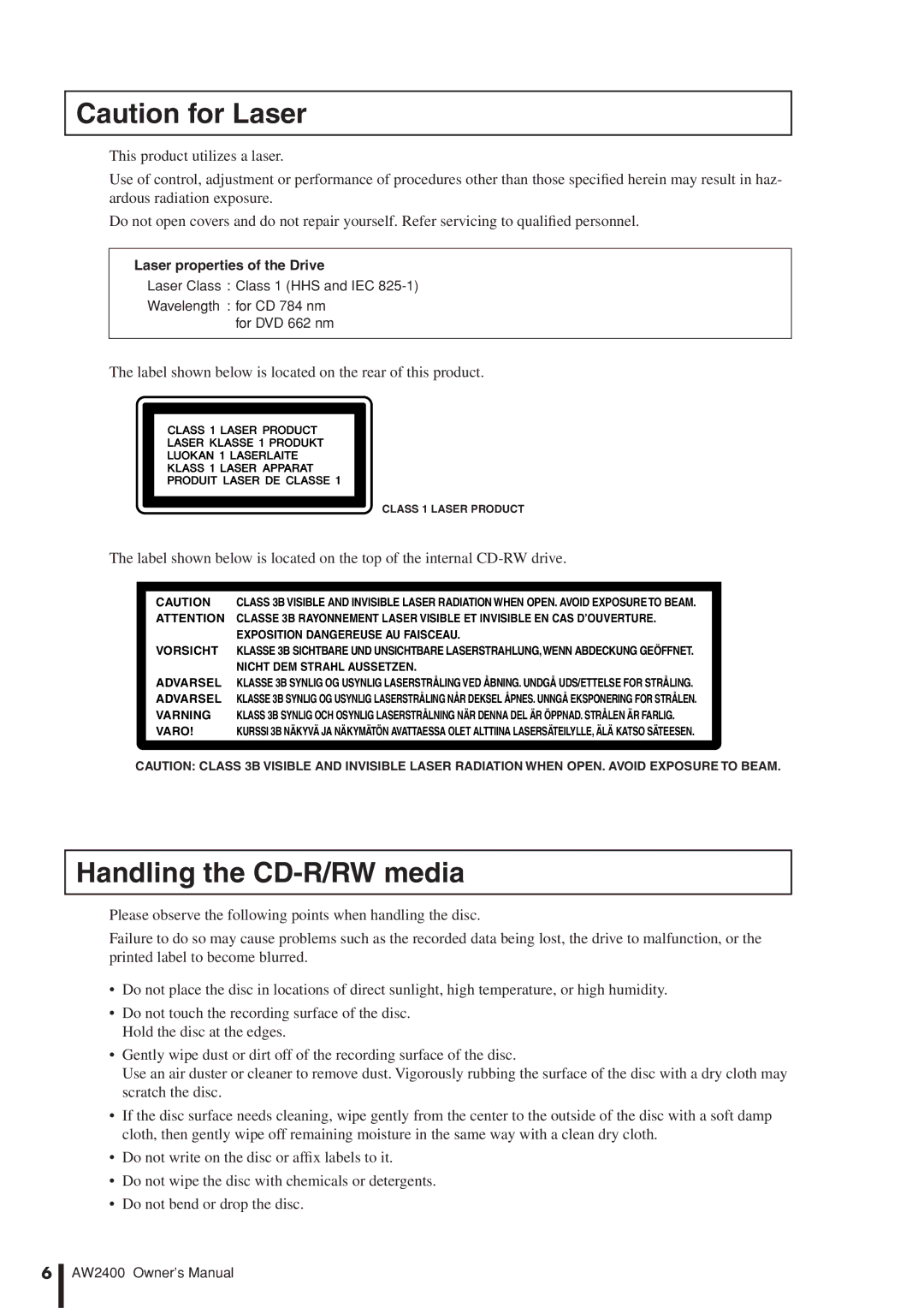 Yamaha AW2400 owner manual Label shown below is located on the rear of this product, Laser properties of the Drive 