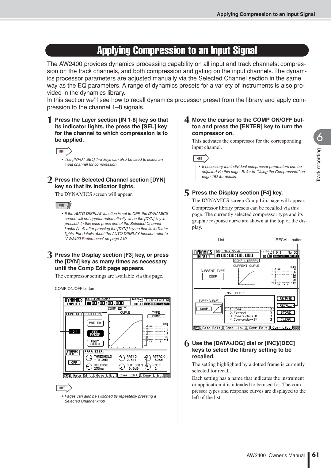 Yamaha AW2400 Applying Compression to an Input Signal, Dynamics screen will appear, Press the Display section F4 key 