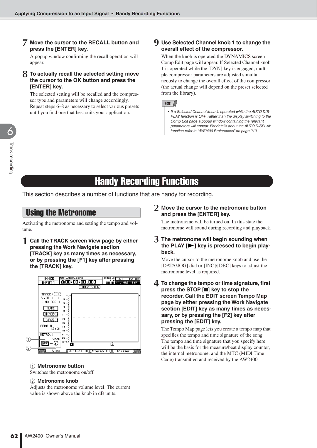 Yamaha AW2400 Handy Recording Functions, Using the Metronome, Popup window conﬁrming the recall operation will appear 