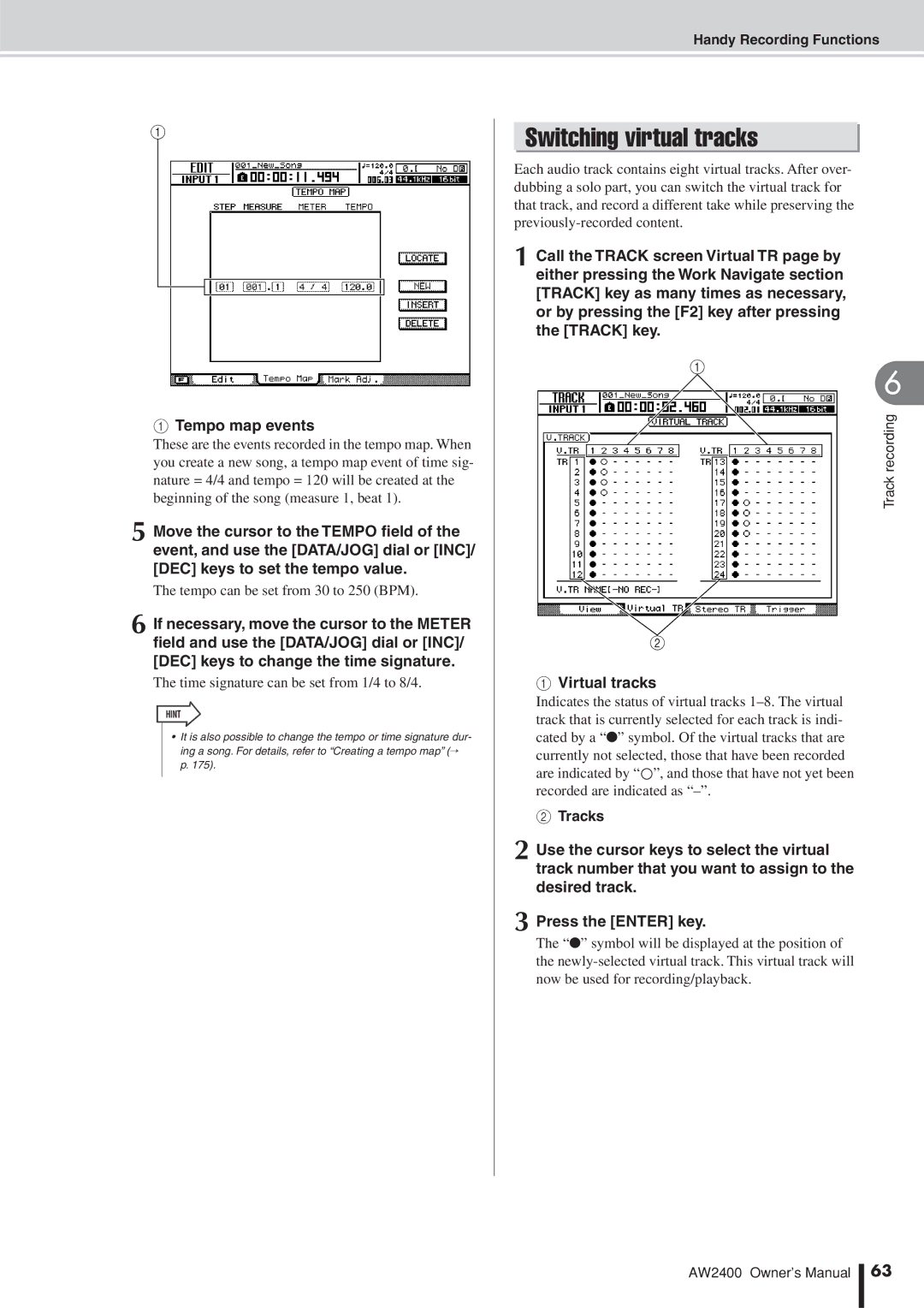 Yamaha AW2400 Switching virtual tracks, Tempo map events, Tempo can be set from 30 to 250 BPM, Handy Recording Functions 