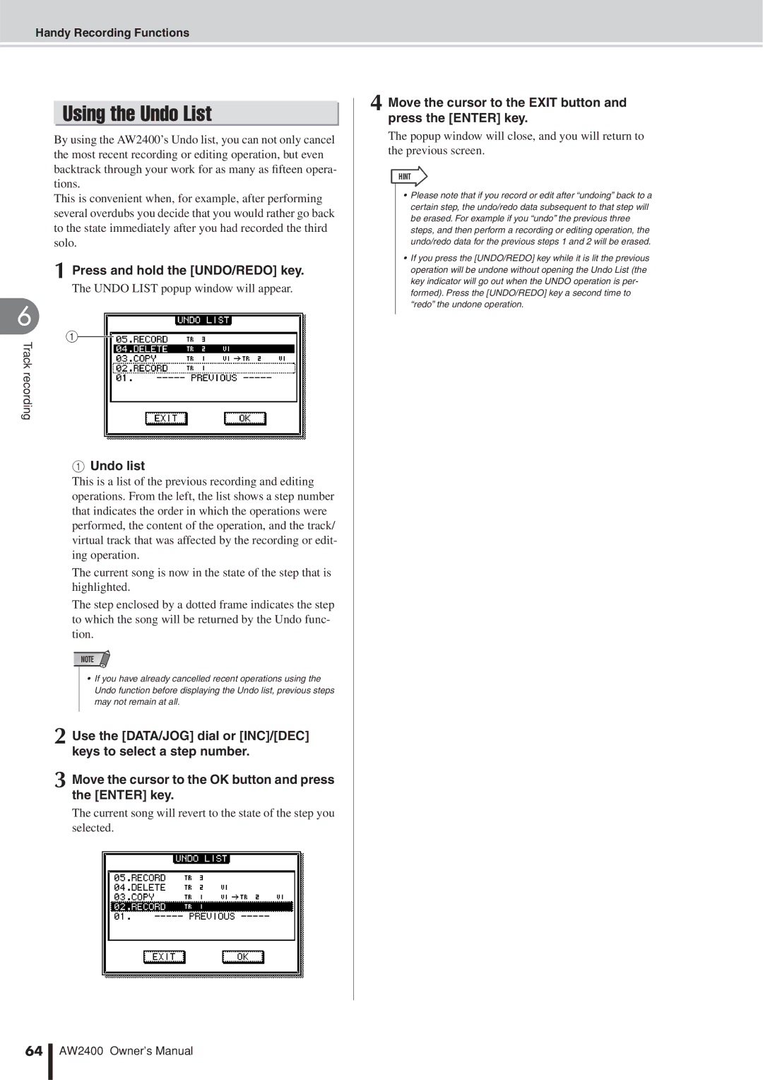 Yamaha AW2400 Using the Undo List, Press and hold the UNDO/REDO key, Undo List popup window will appear, Undo list 