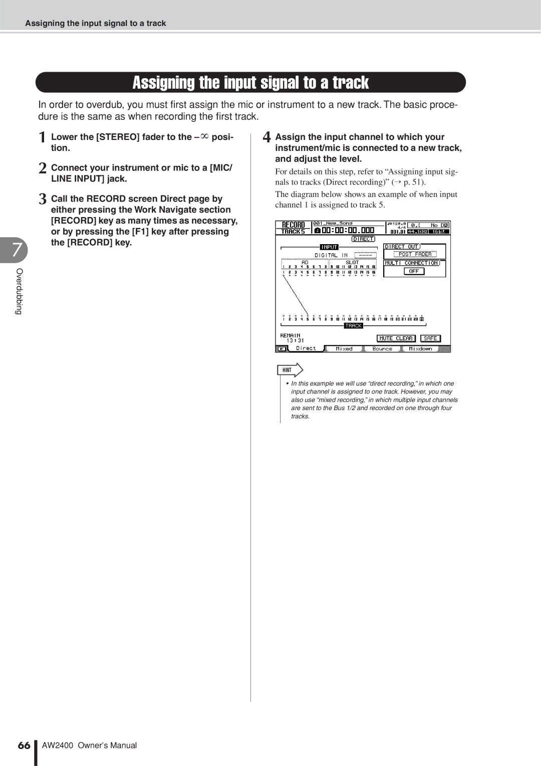 Yamaha AW2400 owner manual Assigning the input signal to a track 