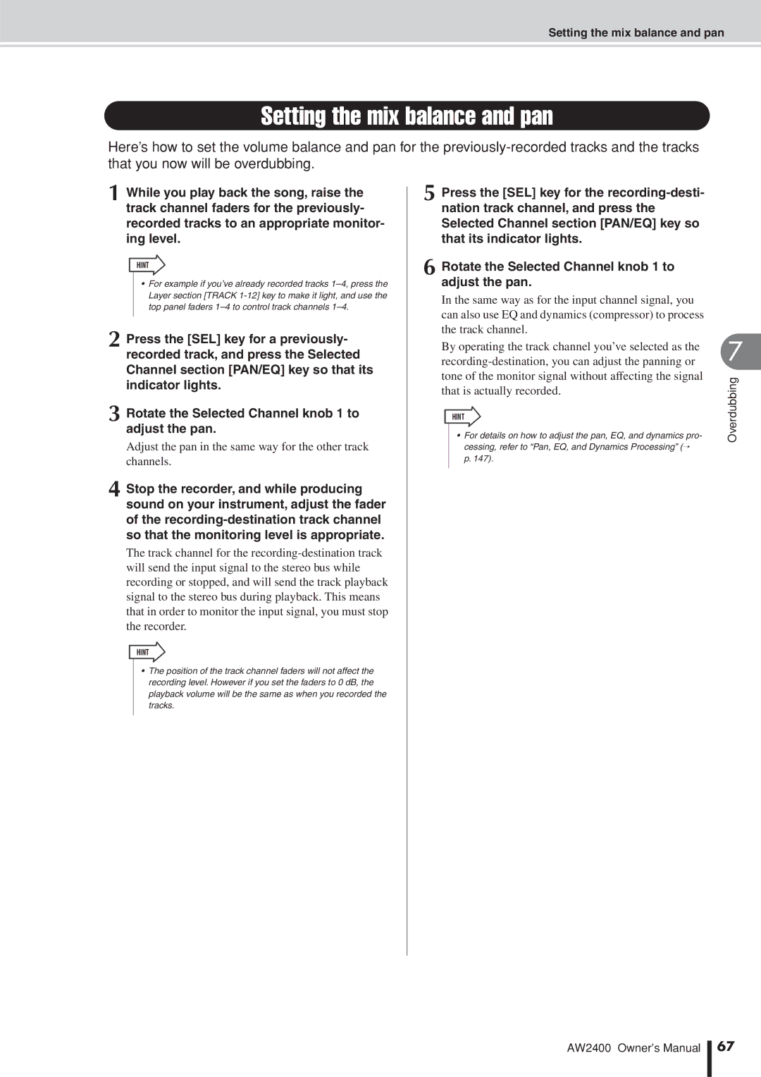 Yamaha AW2400 owner manual Setting the mix balance and pan, Adjust the pan in the same way for the other track channels 