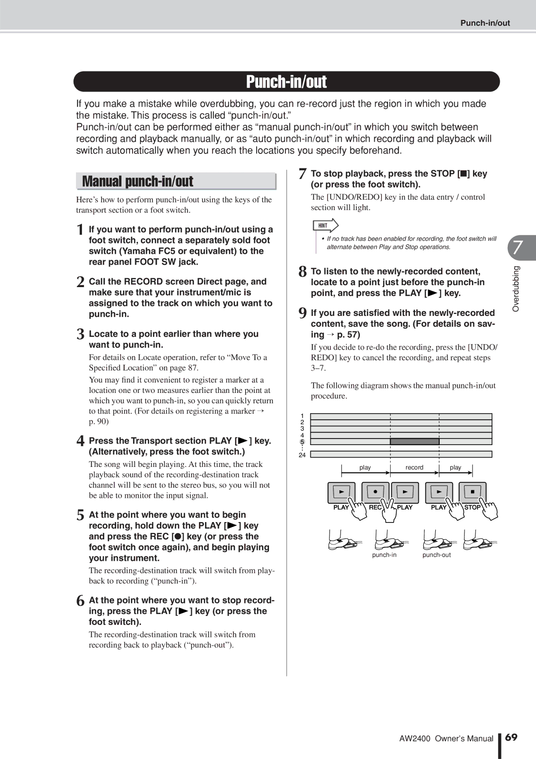 Yamaha AW2400 owner manual Punch-in/out, Manual punch-in/out 