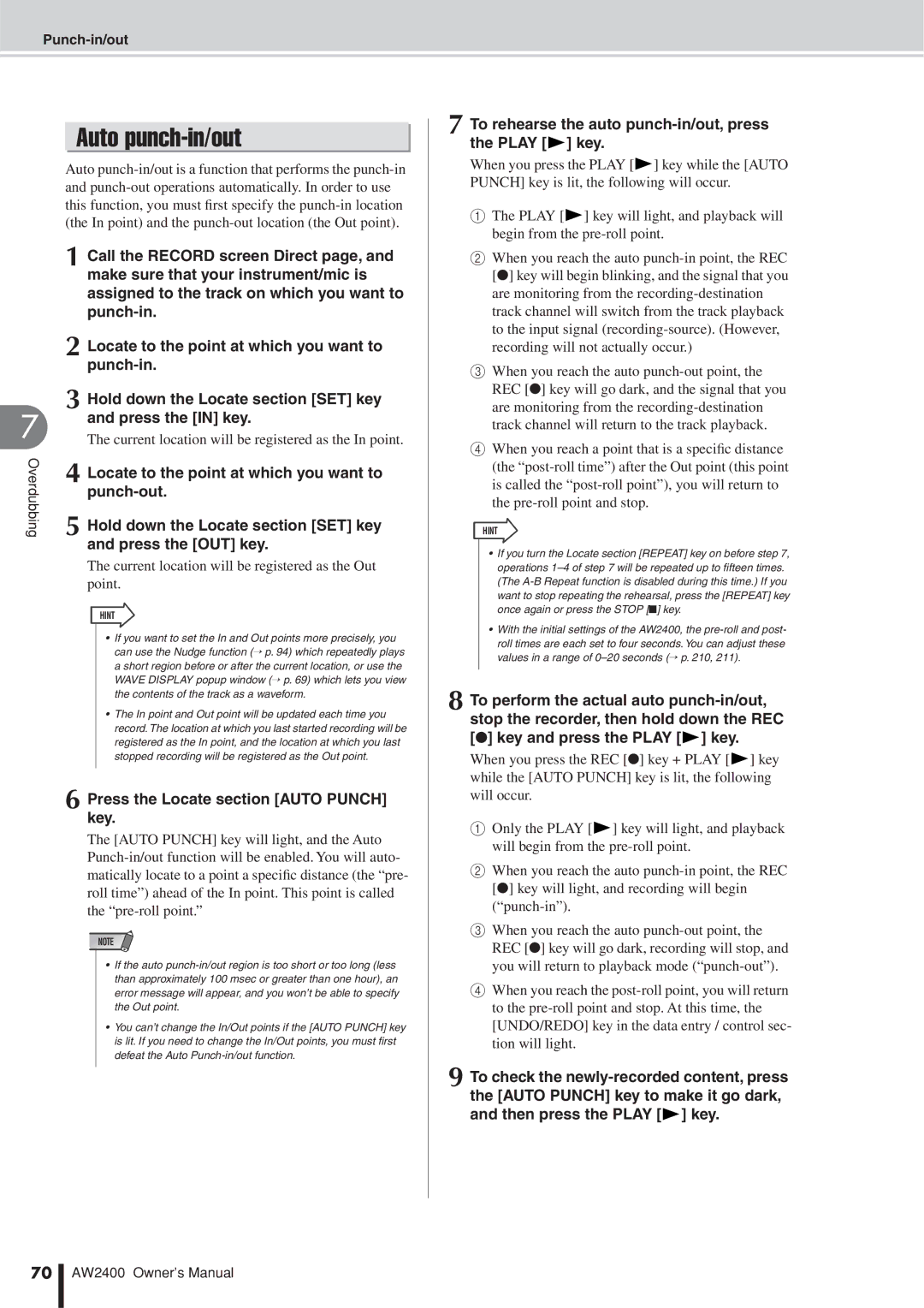 Yamaha AW2400 owner manual To rehearse the auto punch-in/out, press the Play key 