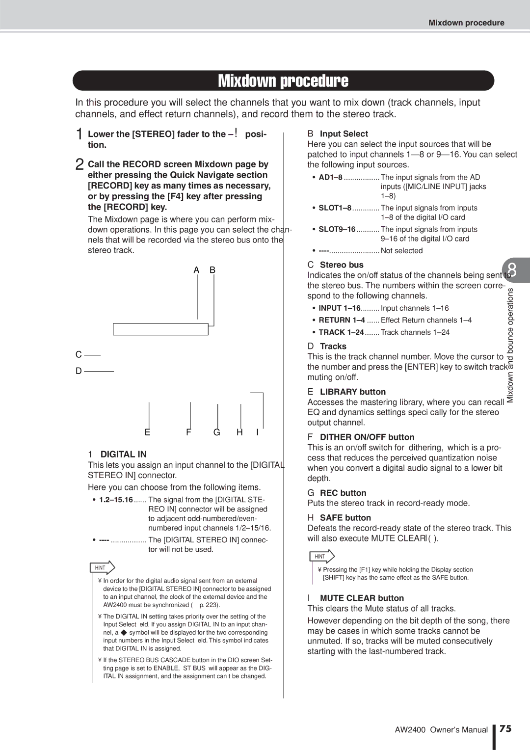 Yamaha AW2400 owner manual Mixdown procedure, Digital 