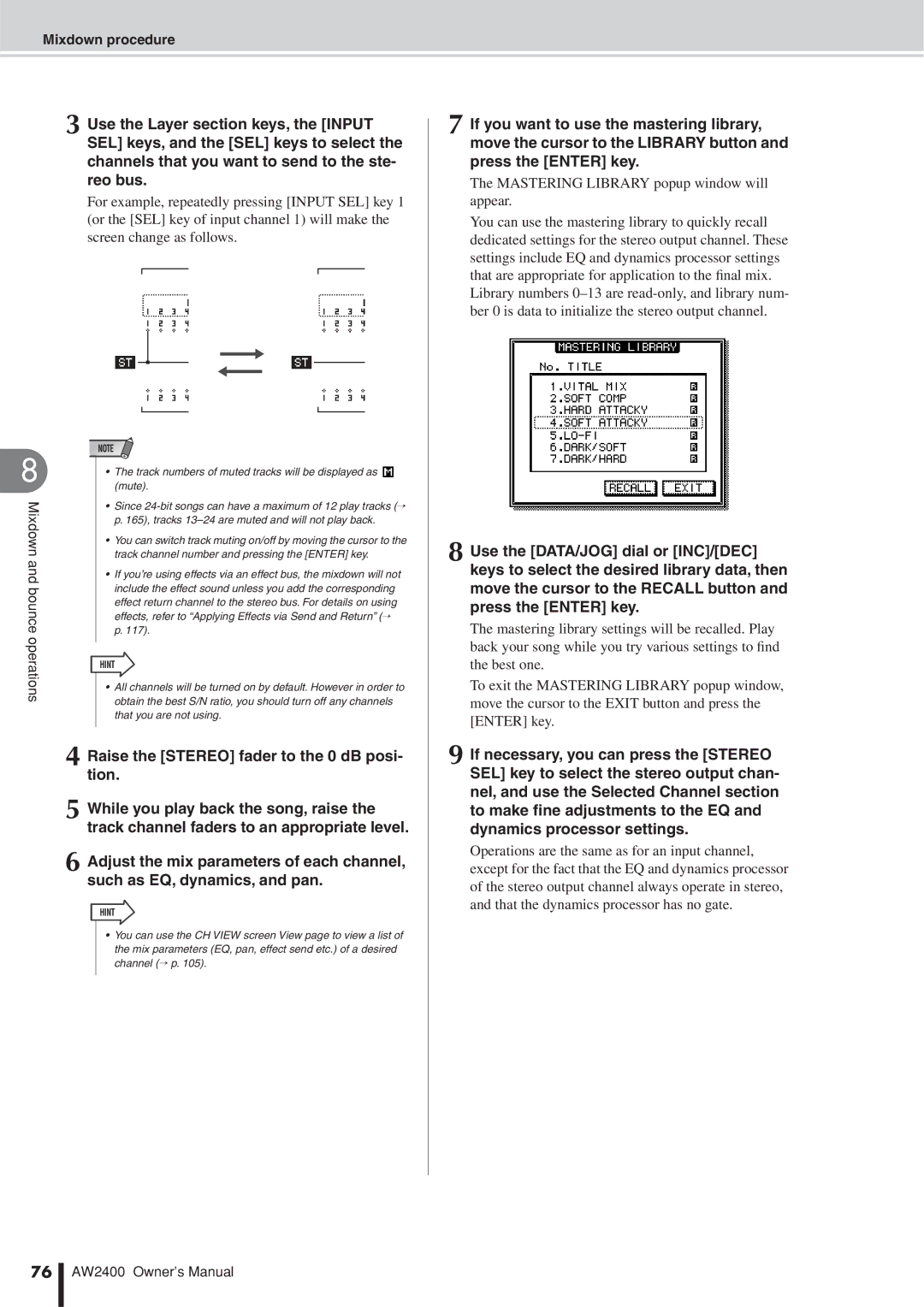 Yamaha AW2400 owner manual Mastering Library popup window will appear, Hint 