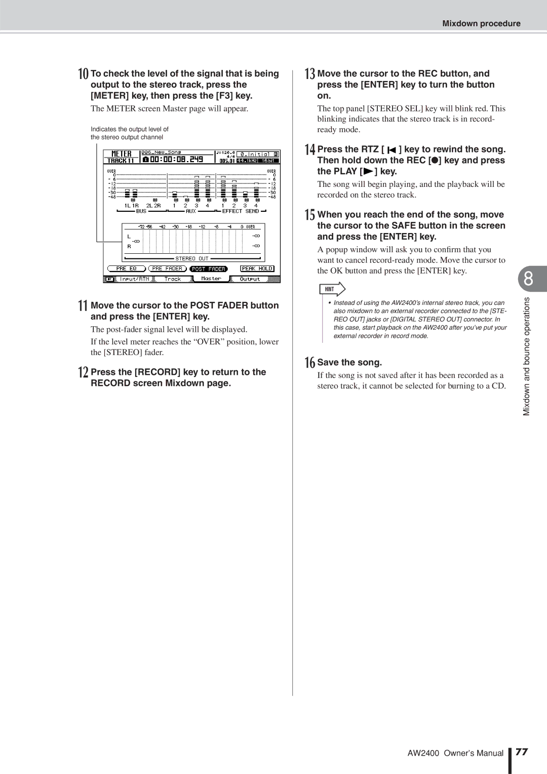 Yamaha AW2400 owner manual Meter screen Master page will appear, Save the song 