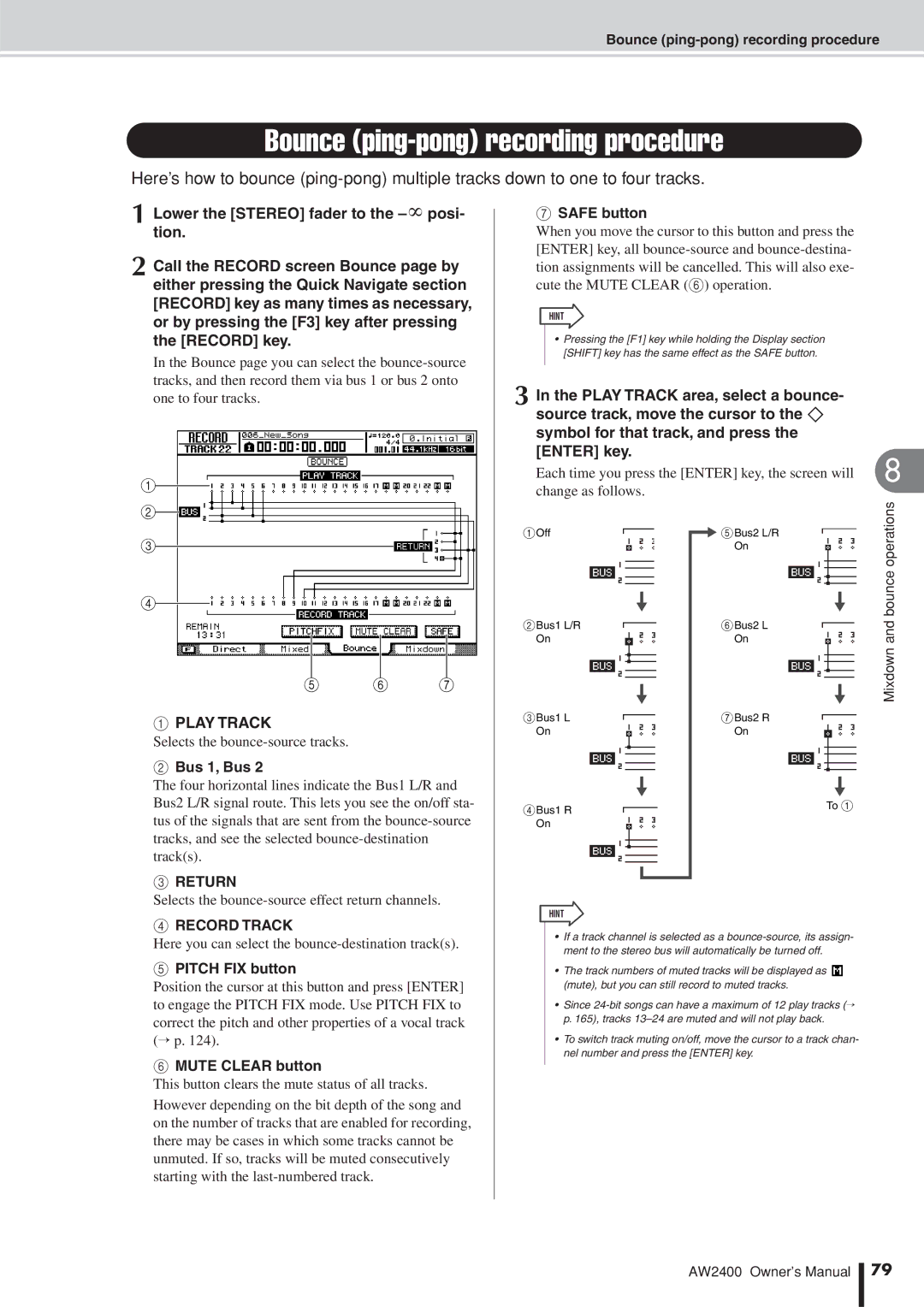 Yamaha AW2400 owner manual Bounce ping-pong recording procedure, Play Track, Return, Record Track, Pitch FIX button 