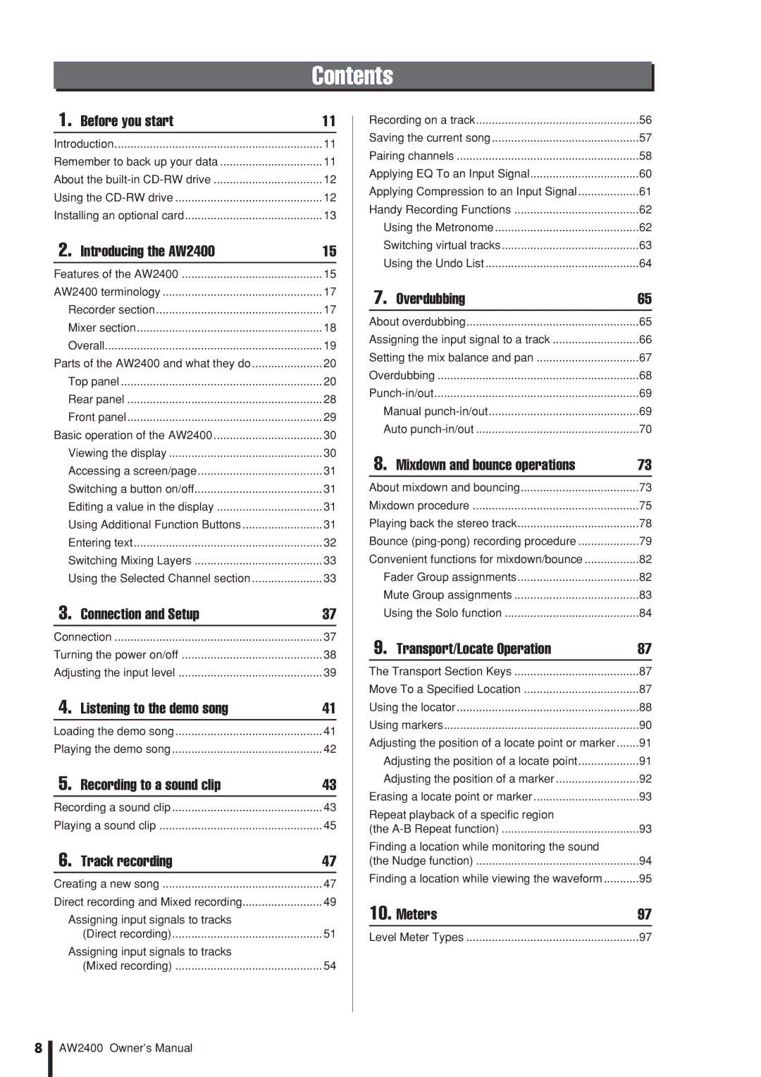 Yamaha AW2400 owner manual Contents 