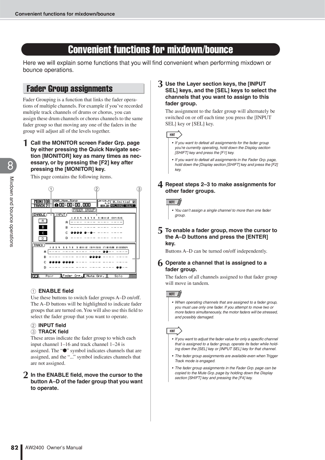 Yamaha AW2400 owner manual Convenient functions for mixdown/bounce, Fader Group assignments 