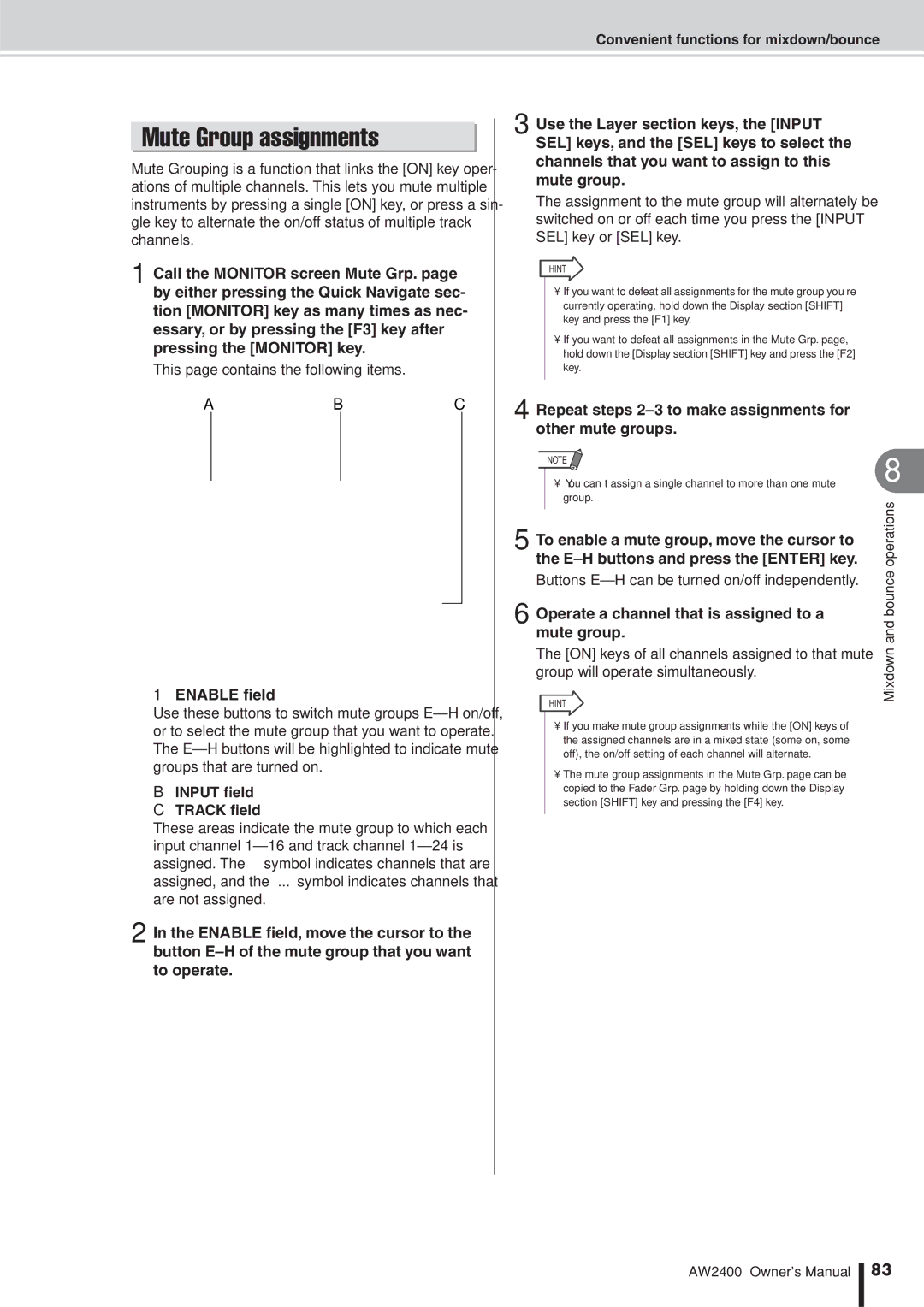 Yamaha AW2400 owner manual Mute Group assignments, Repeat steps 2-3 to make assignments for other mute groups 