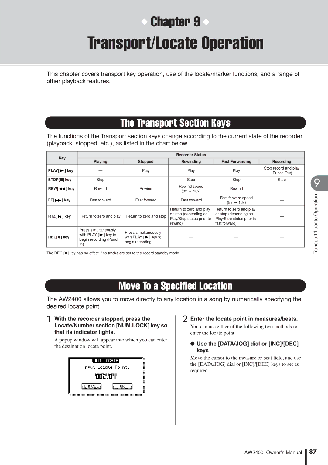 Yamaha AW2400 owner manual Transport/Locate Operation, Transport Section Keys, Move To a Speciﬁed Location 