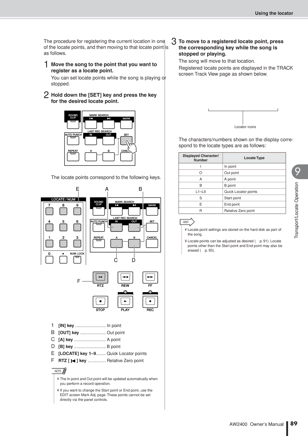 Yamaha AW2400 Locate points correspond to the following keys, Using the locator, Displayed Character Locate Type Number 