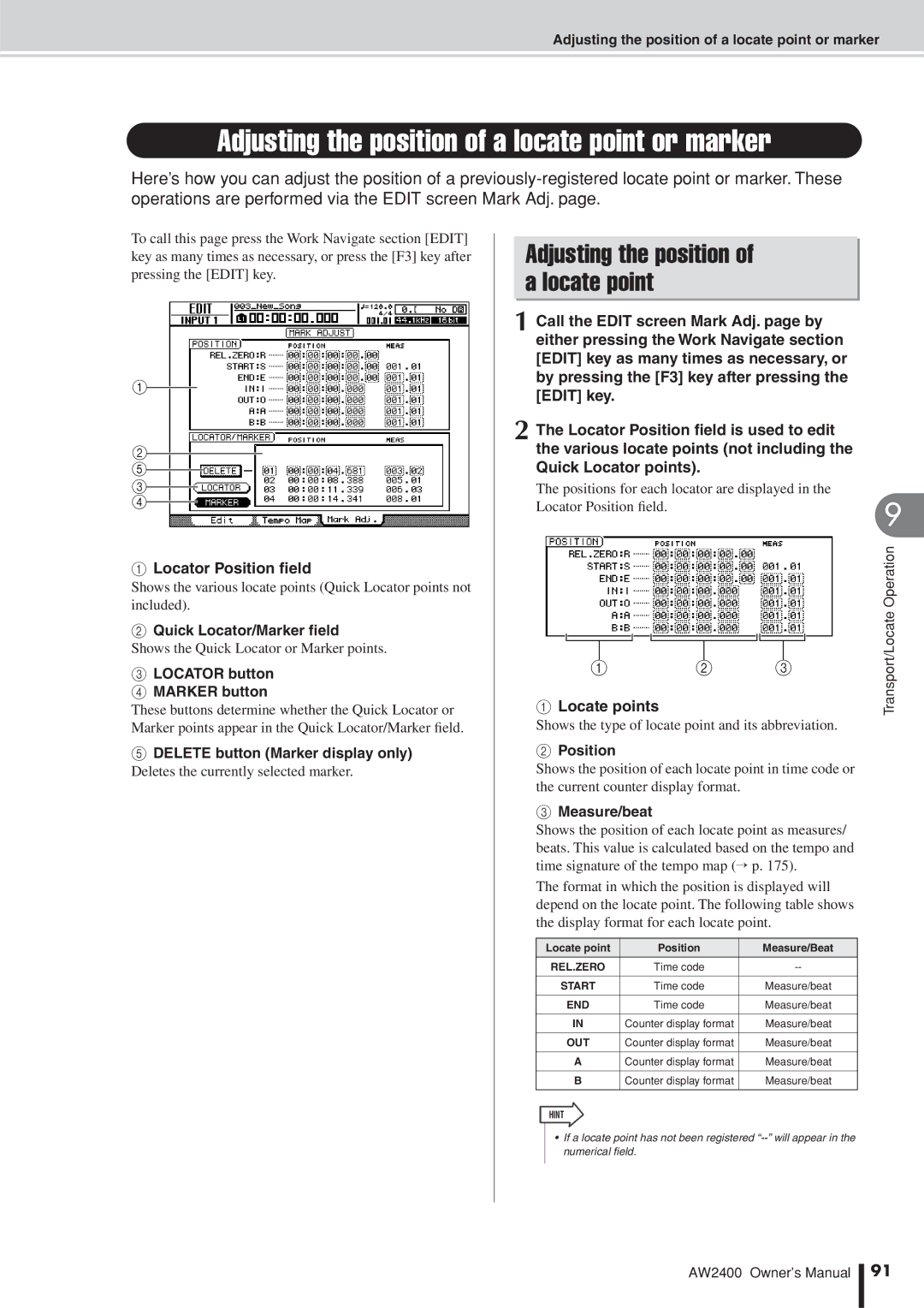 Yamaha AW2400 owner manual Adjusting the position of a locate point or marker 