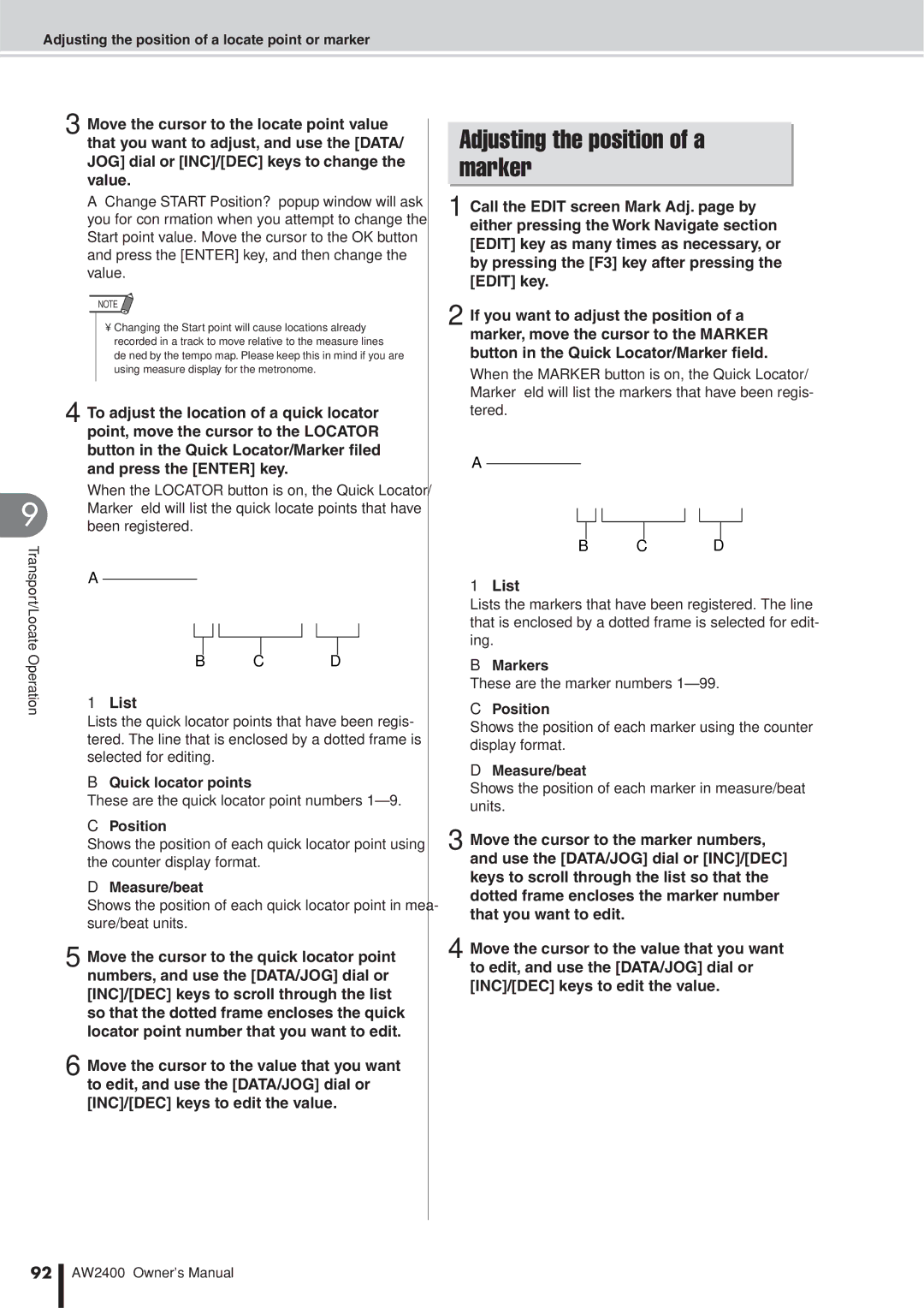 Yamaha AW2400 owner manual Adjusting the position of a marker, List, Markers 