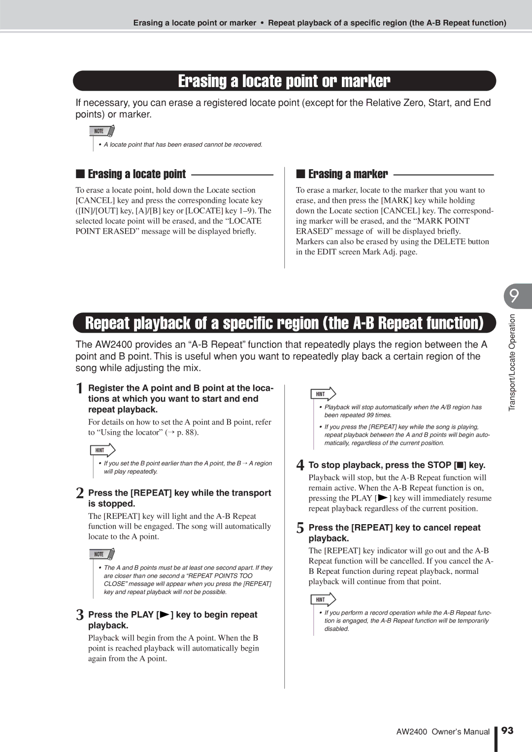 Yamaha AW2400 owner manual Erasing a locate point or marker, Erasing a marker 